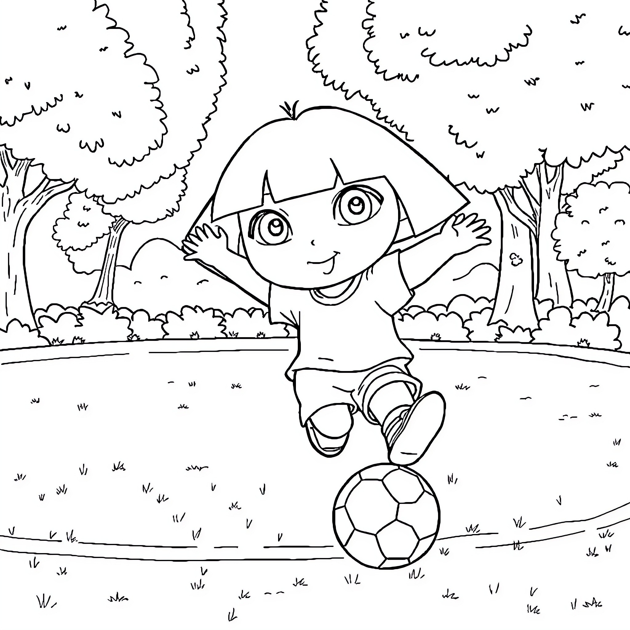 Dora playing with a soccer ball in the park Coloring Page (free black-and-white line drawing printable PDF for all, from beginners to advanced learners, including children, teens, adults, and seniors)