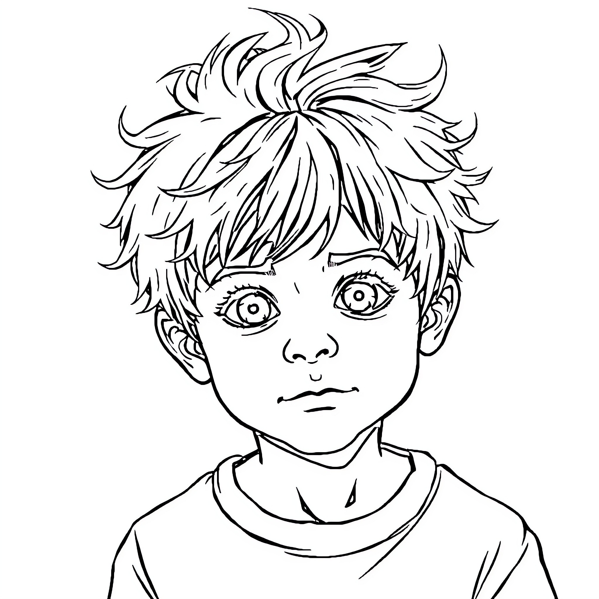 Boy with Expressive Face and Messy Hairstyle Coloring Page (free black-and-white line drawing printable PDF for all, from beginners to advanced learners, including children, teens, adults, and seniors)