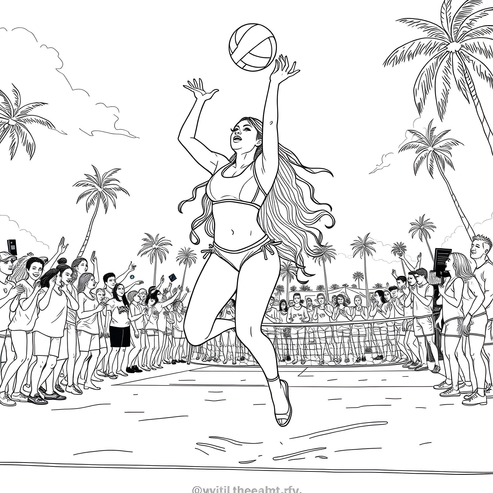 Nicki Minaj playing volleyball with fans on the beach Coloring Page (free black-and-white line drawing printable PDF for all, from beginners to advanced learners, including children, teens, adults, and seniors)