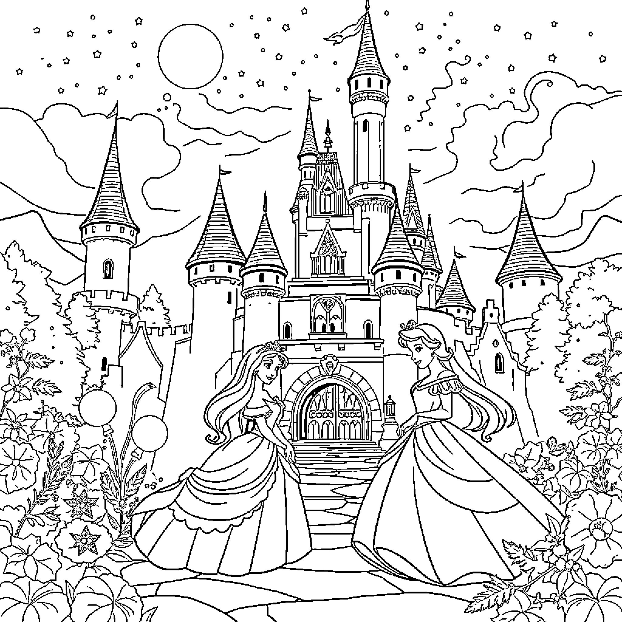 Princess Posing with Royal Companion at Castle Coloring Page (free black-and-white line drawing printable PDF for all, from beginners to advanced learners, including children, teens, adults, and seniors)