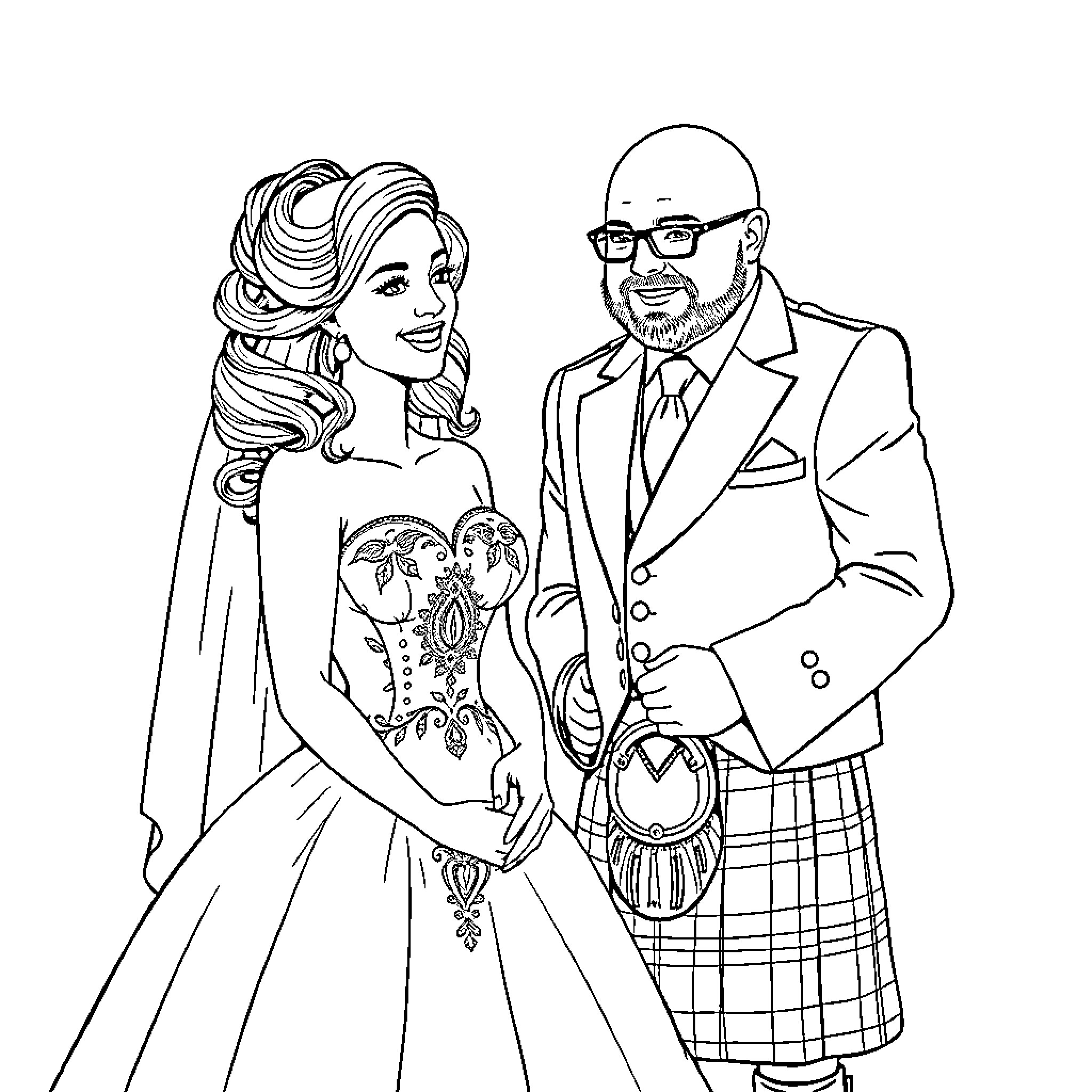 Wedding of a Stylish Couple Coloring Page (free black-and-white line drawing printable PDF for all, from beginners to advanced learners, including children, teens, adults, and seniors)