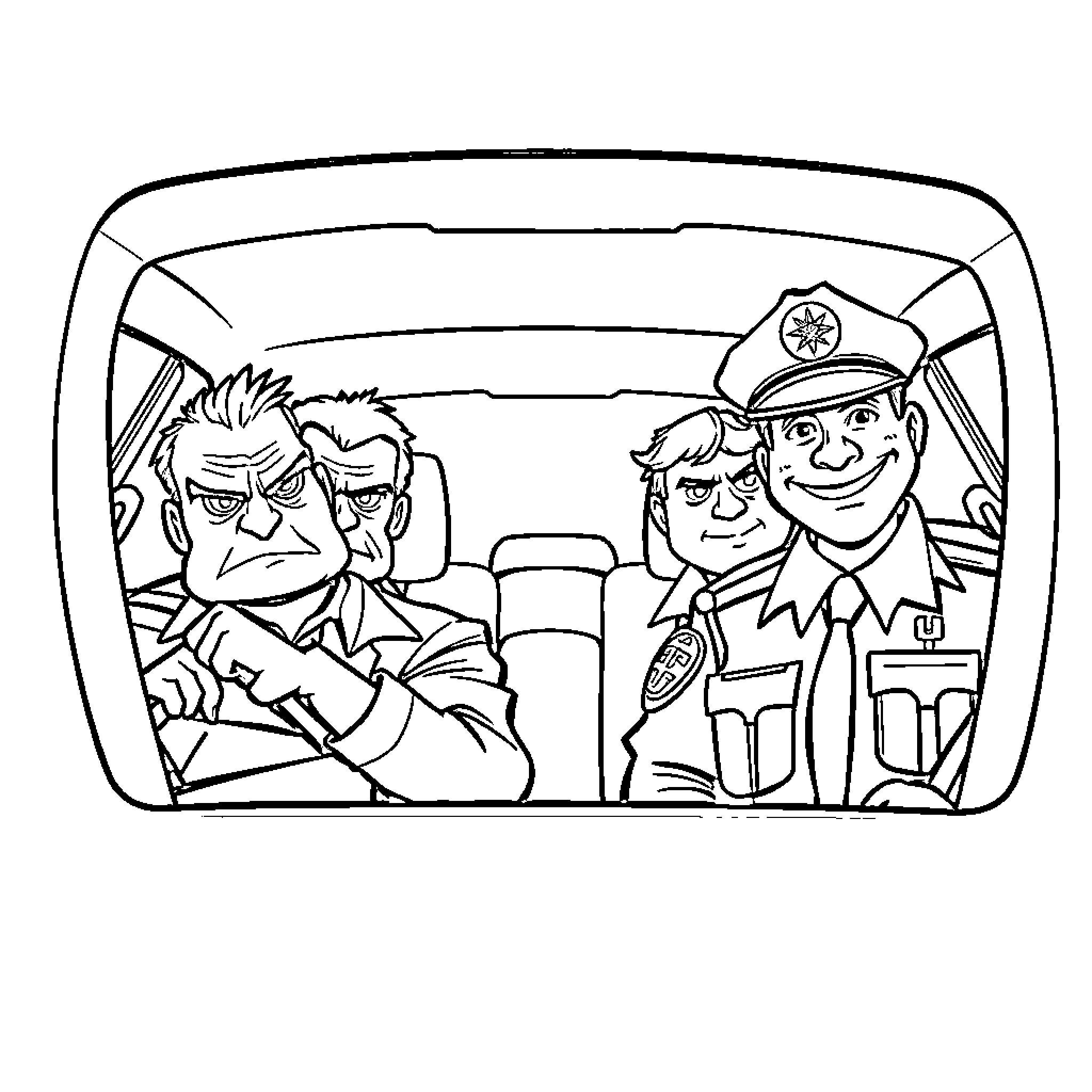 Police officers apprehending suspects in vehicle Coloring Page (free black-and-white line drawing printable PDF for all, from beginners to advanced learners, including children, teens, adults, and seniors)
