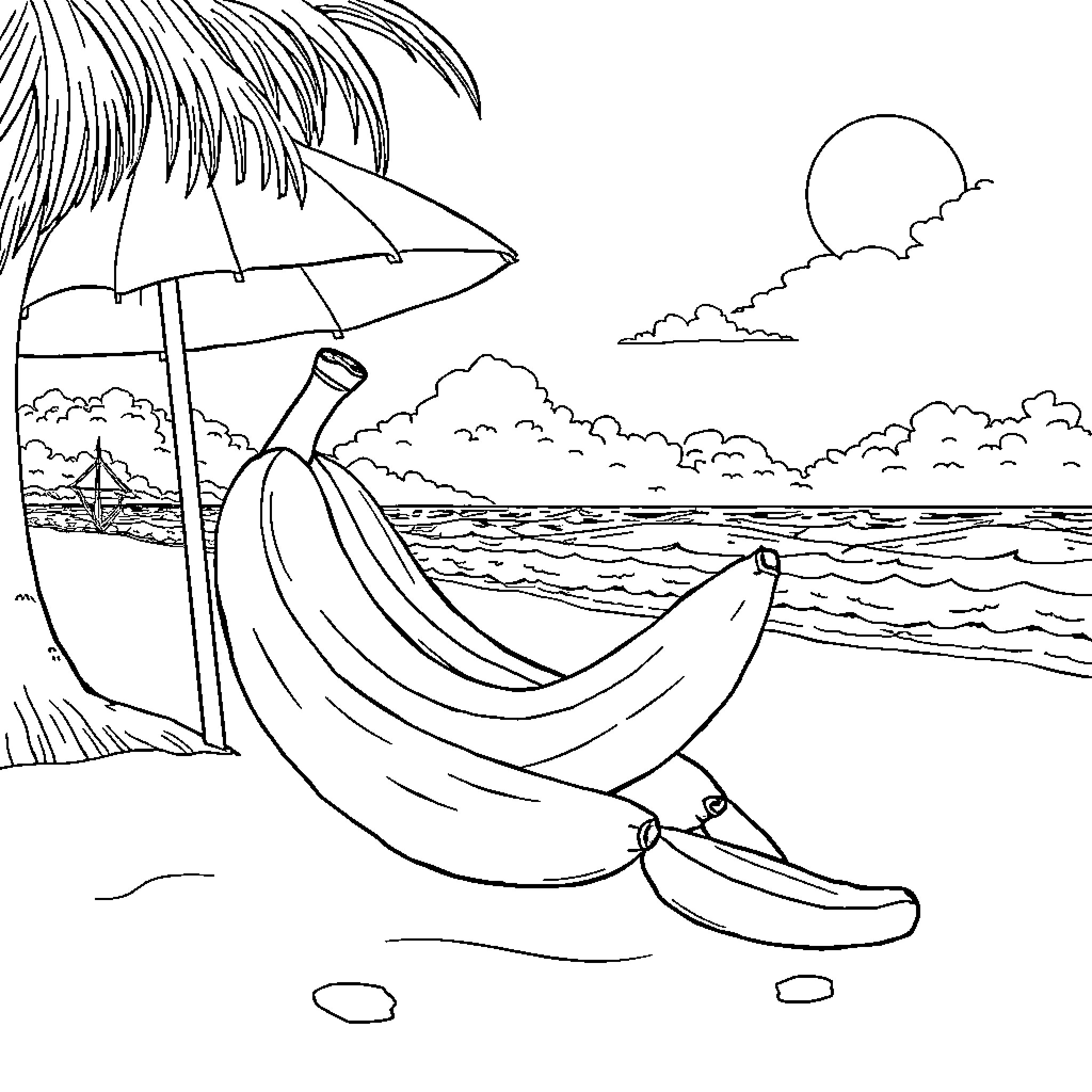 Banana relaxing under palm tree on tropical beach Coloring Page (free black-and-white line drawing printable PDF for all, from beginners to advanced learners, including children, teens, adults, and seniors)