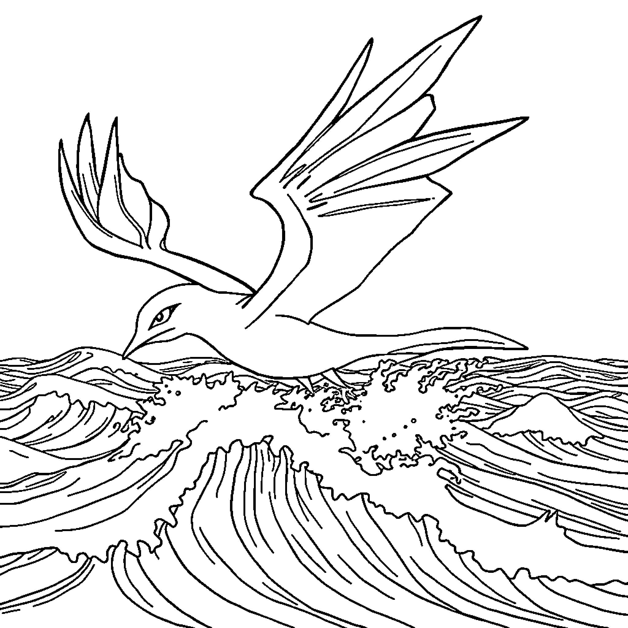 Lugia soaring over crashing waves Coloring Page (free black-and-white line drawing printable PDF for all, from beginners to advanced learners, including children, teens, adults, and seniors)