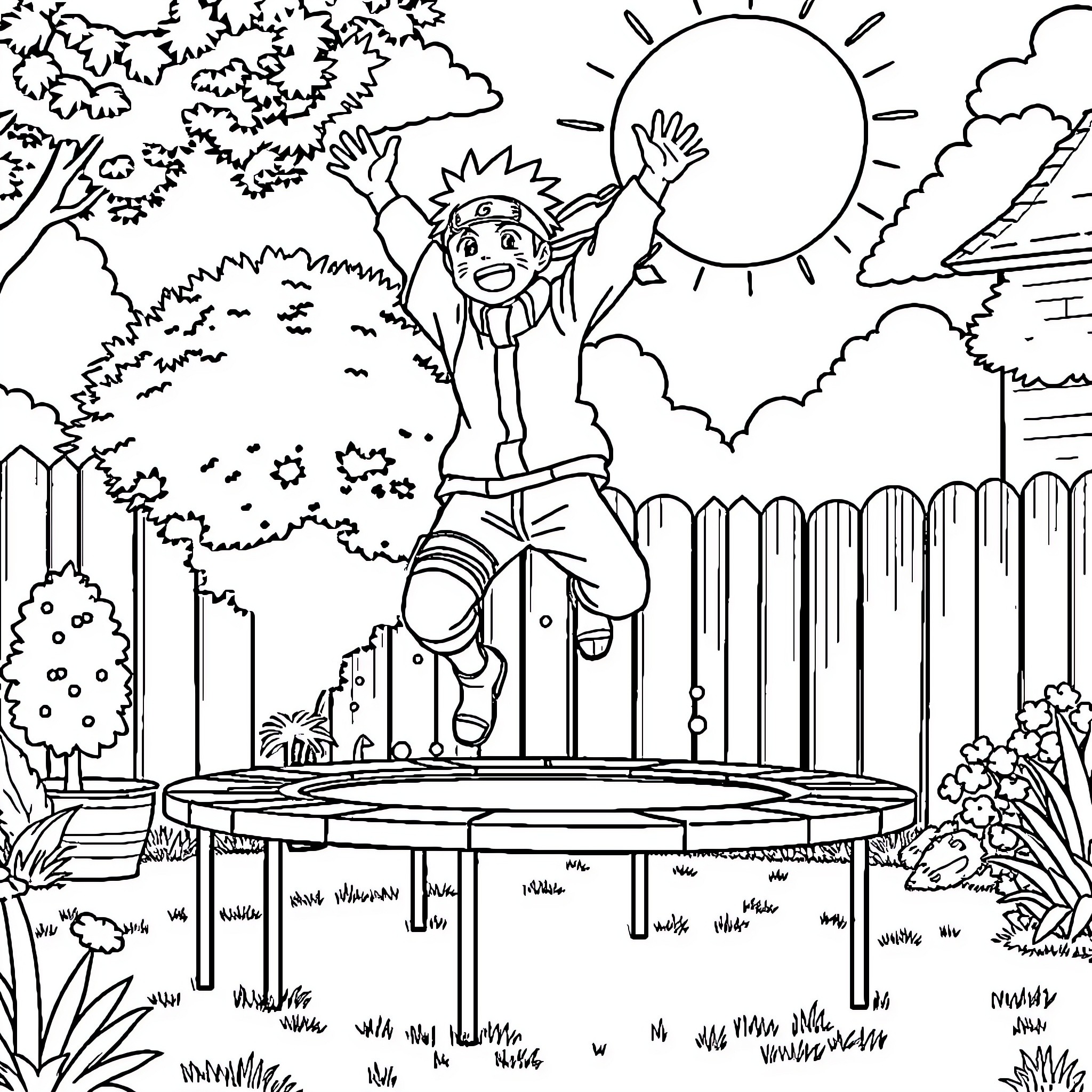 Naruto jumping joyfully in a vibrant outdoor scene Coloring Page (free black-and-white line drawing printable PDF for all, from beginners to advanced learners, including children, teens, adults, and seniors)