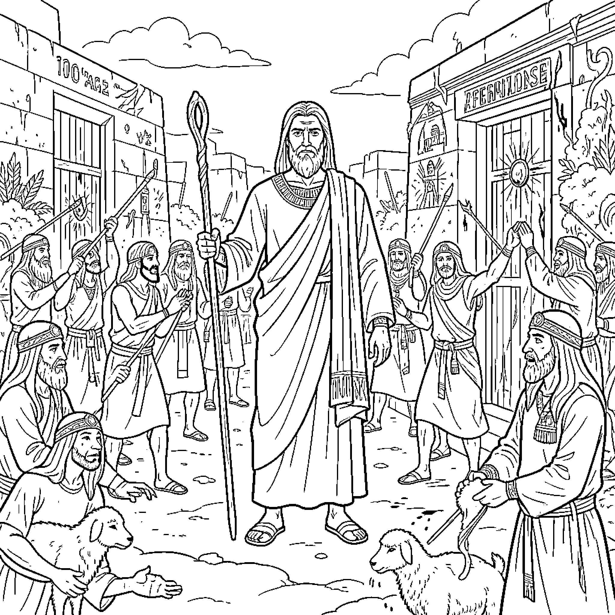 Moses Leading the Israelites Through the Streets Coloring Page (free black-and-white line drawing printable PDF for all, from beginners to advanced learners, including children, teens, adults, and seniors)