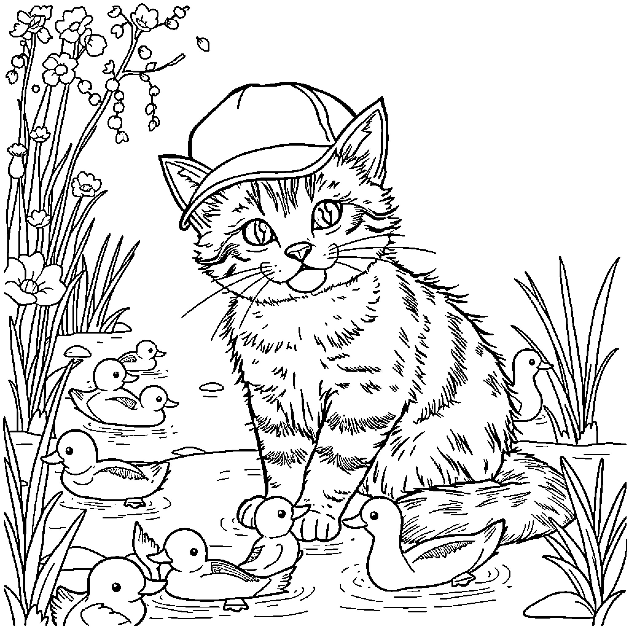 Tabby Cat in Pond with Ducklings Coloring Page (free black-and-white line drawing printable PDF for all, from beginners to advanced learners, including children, teens, adults, and seniors)