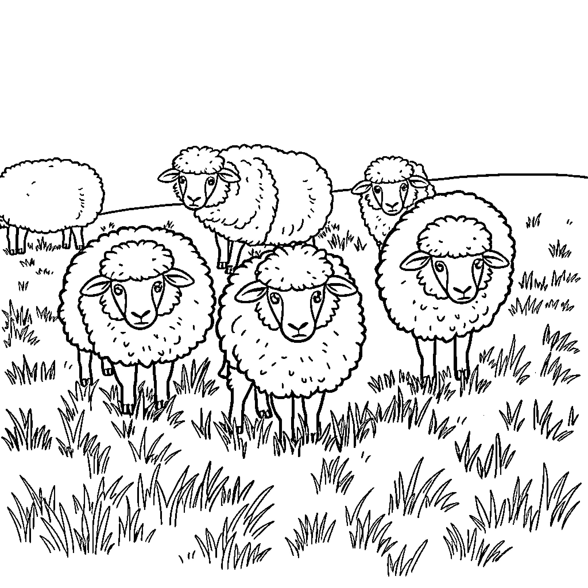 Sheep grazing peacefully in a grassy field Coloring Page (free black-and-white line drawing printable PDF for all, from beginners to advanced learners, including children, teens, adults, and seniors)