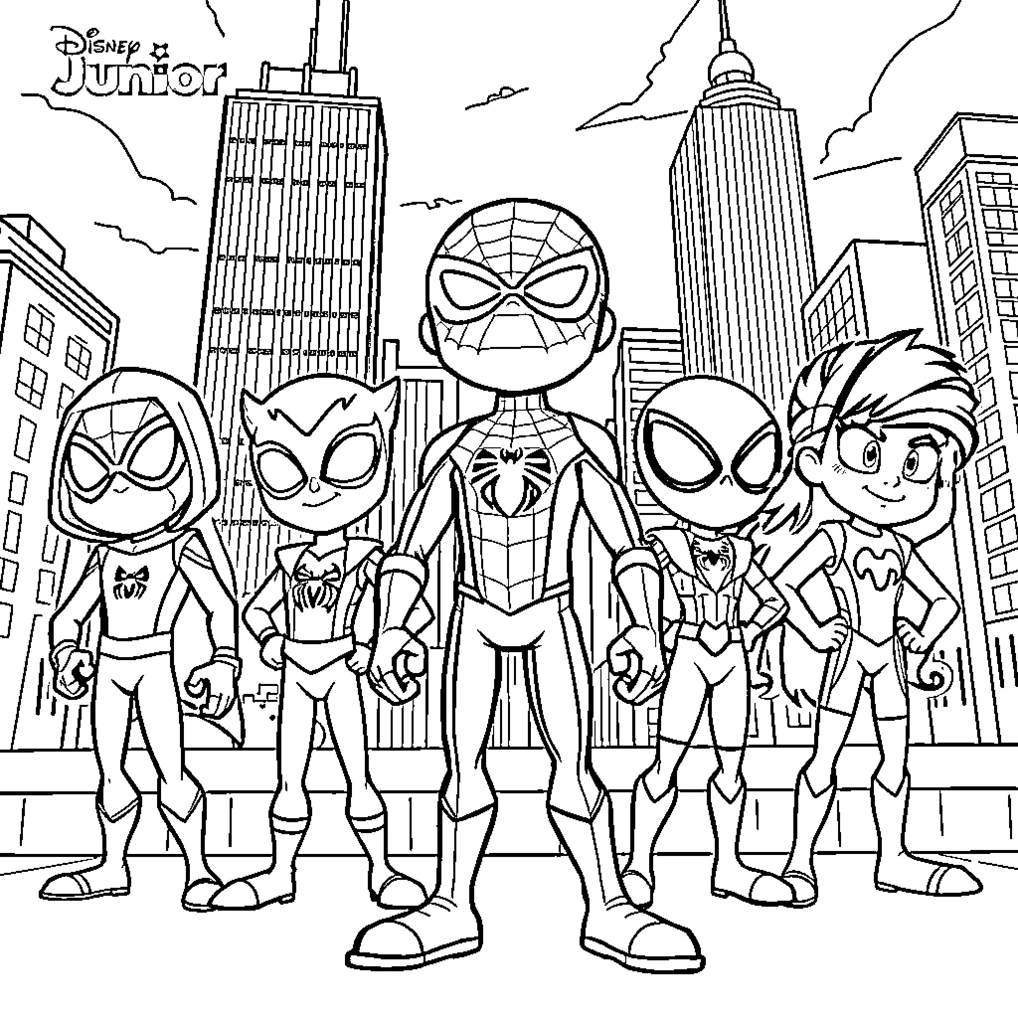 Spidey and Team Superheroes in Action Coloring Page (free black-and-white line drawing printable PDF for all, from beginners to advanced learners, including children, teens, adults, and seniors)