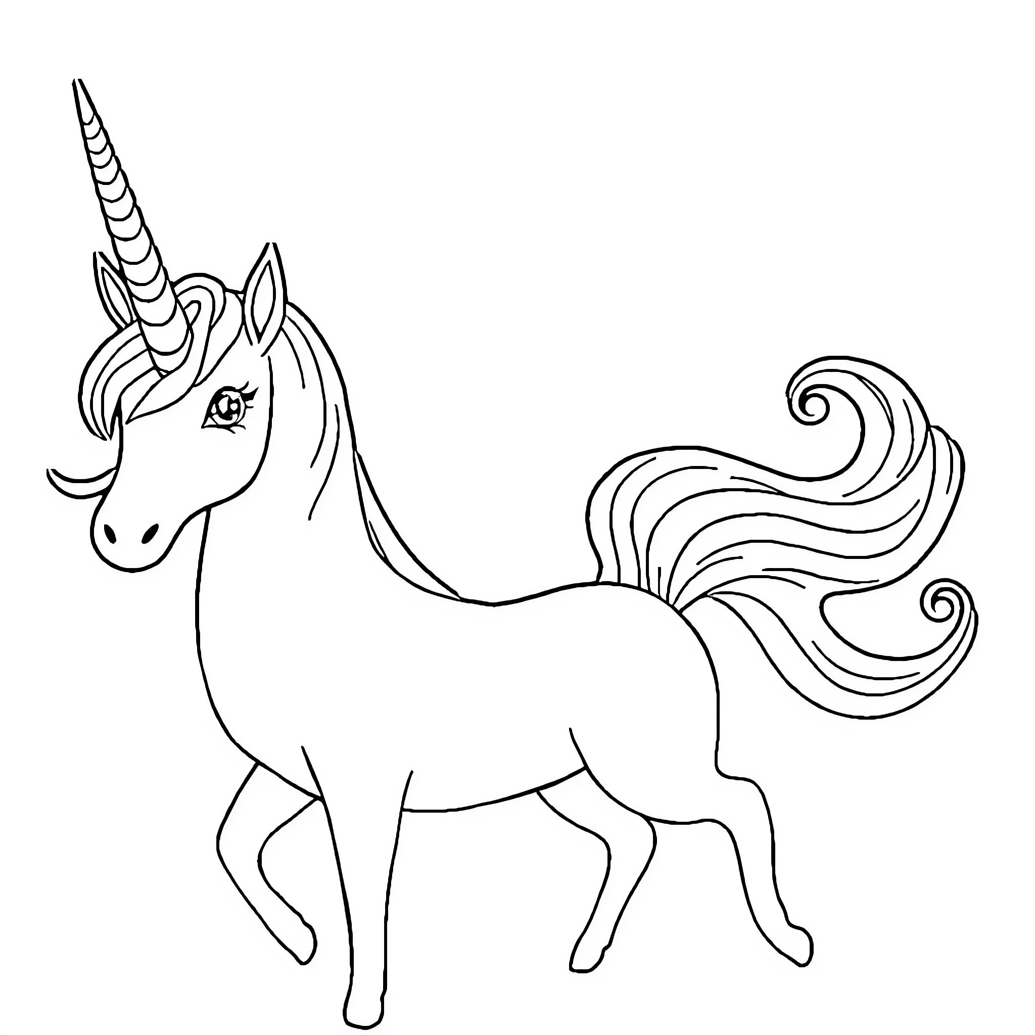 Unicorn with flowing mane and horn Coloring Page (free black-and-white line drawing printable PDF for all, from beginners to advanced learners, including children, teens, adults, and seniors)