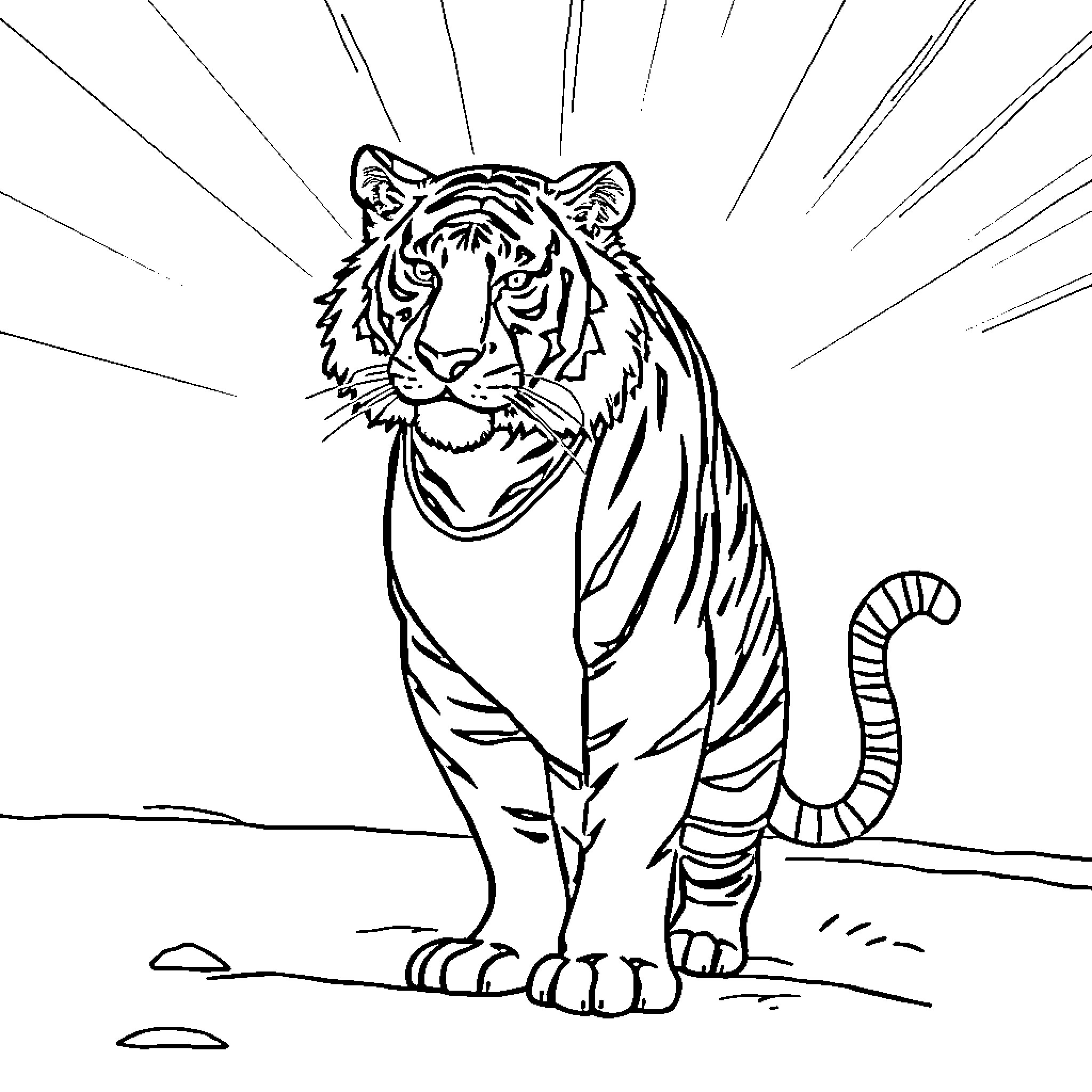 Tigre standing majestically in the wild Coloring Page (free black-and-white line drawing printable PDF for all, from beginners to advanced learners, including children, teens, adults, and seniors)