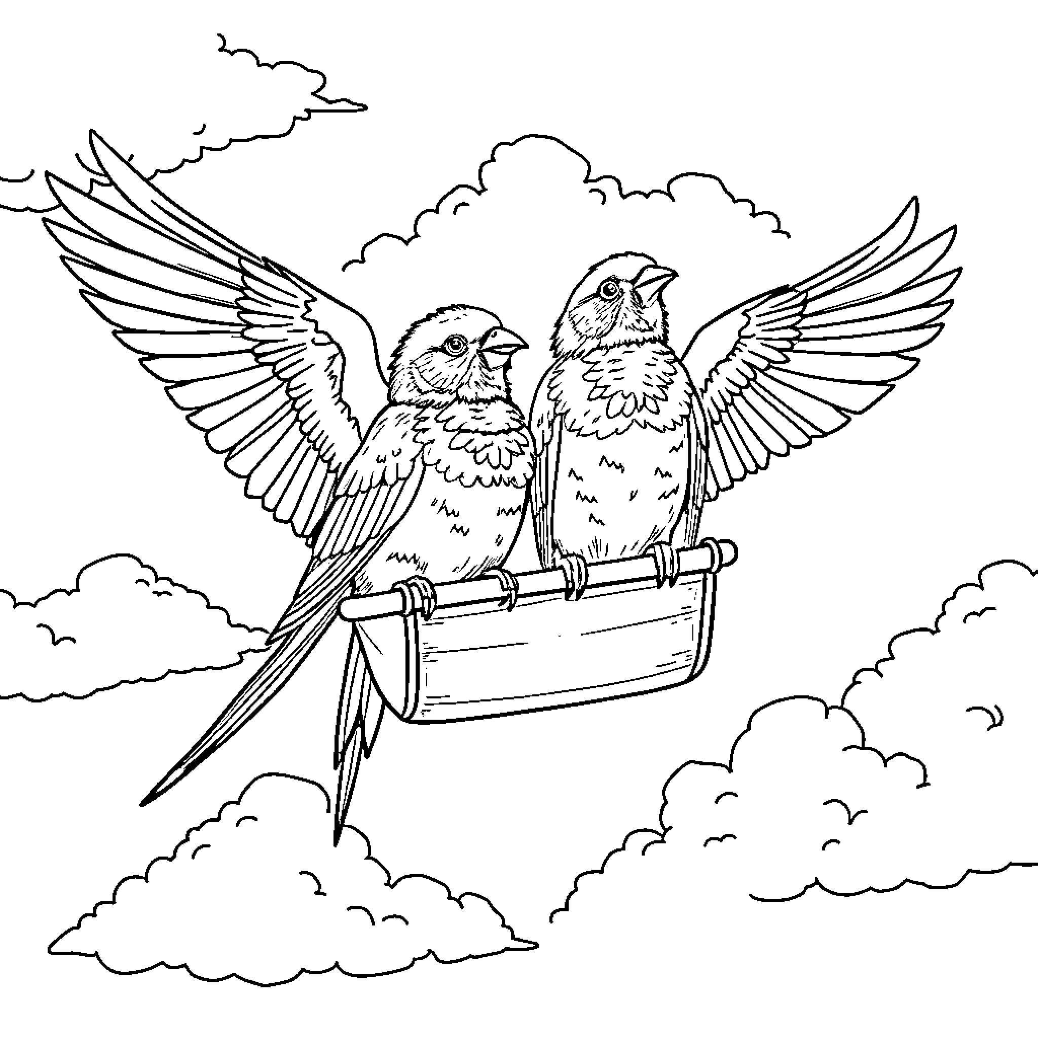 Titi birds soaring through the skies Coloring Page (free black-and-white line drawing printable PDF for all, from beginners to advanced learners, including children, teens, adults, and seniors)