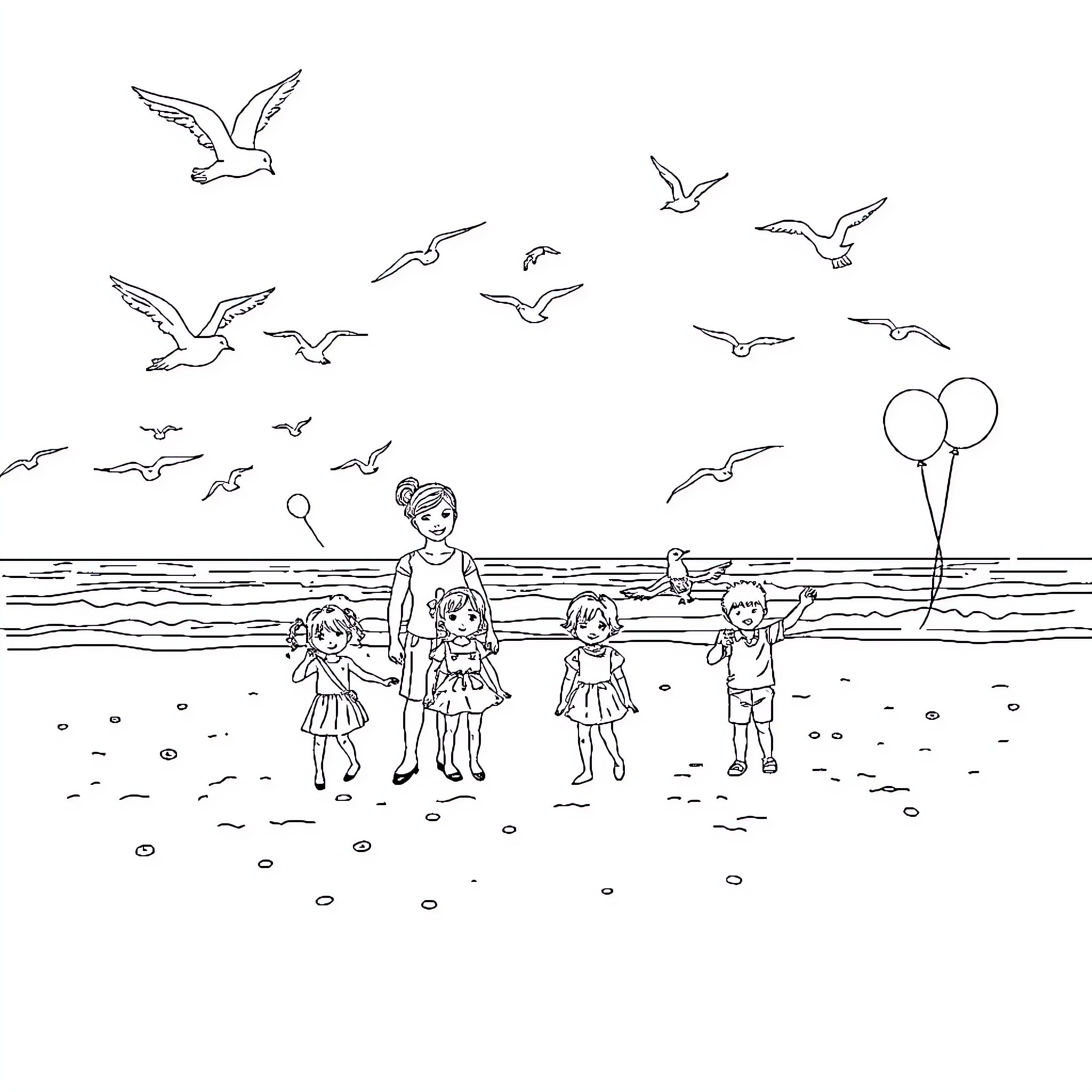 Family enjoying a day at the beach Coloring Page (free black-and-white line drawing printable PDF for all, from beginners to advanced learners, including children, teens, adults, and seniors)