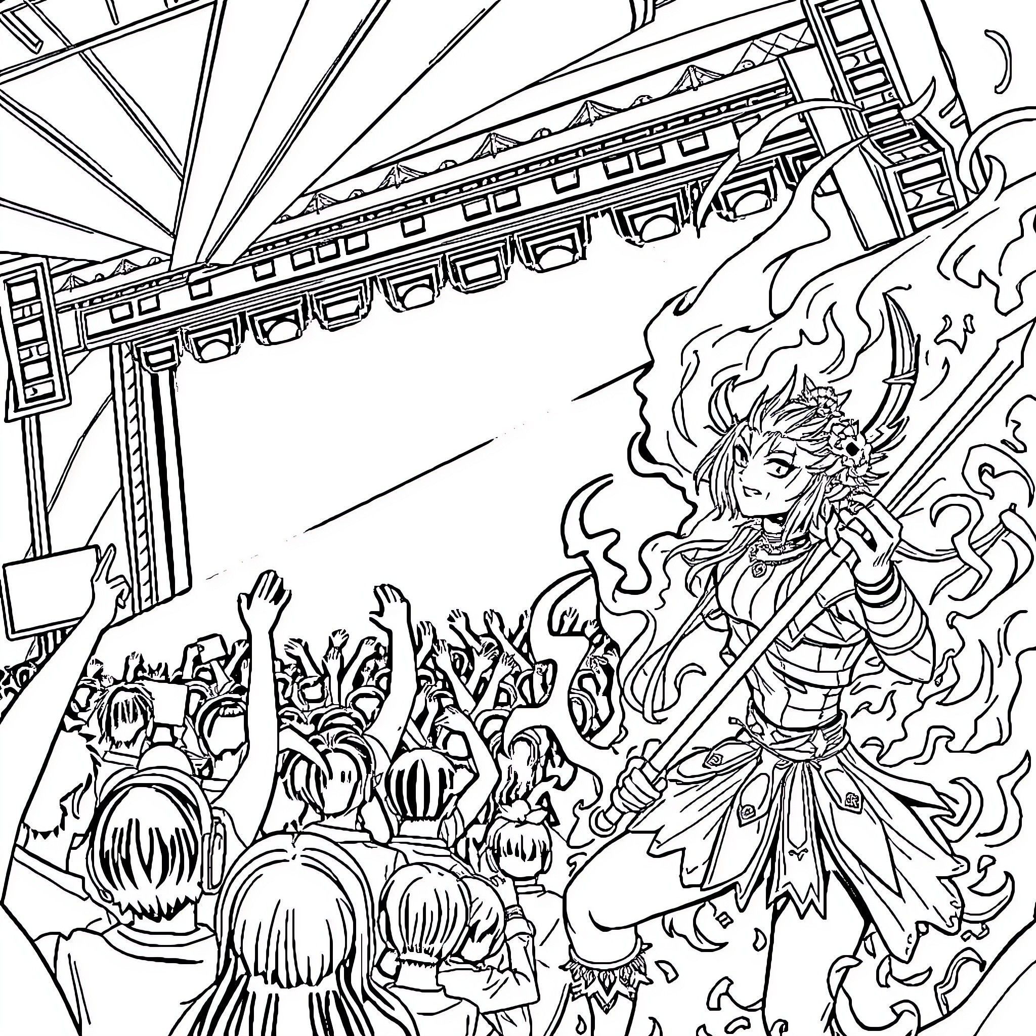 Kpop Performers Captivating the Energetic Crowd Coloring Page (free black-and-white line drawing printable PDF for all, from beginners to advanced learners, including children, teens, adults, and seniors)