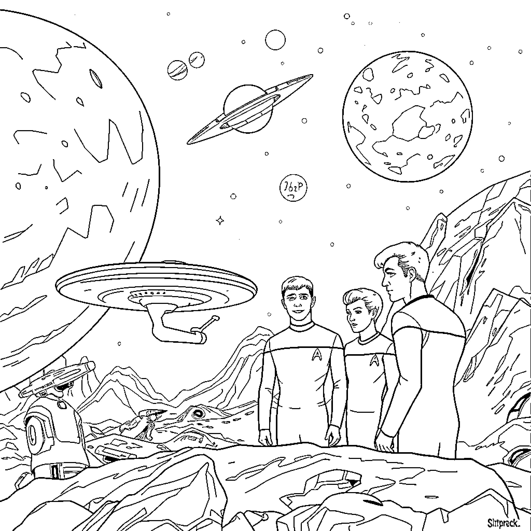Star Trek: Crew Exploring Alien Planets and Space Coloring Page (free black-and-white line drawing printable PDF for all, from beginners to advanced learners, including children, teens, adults, and seniors)