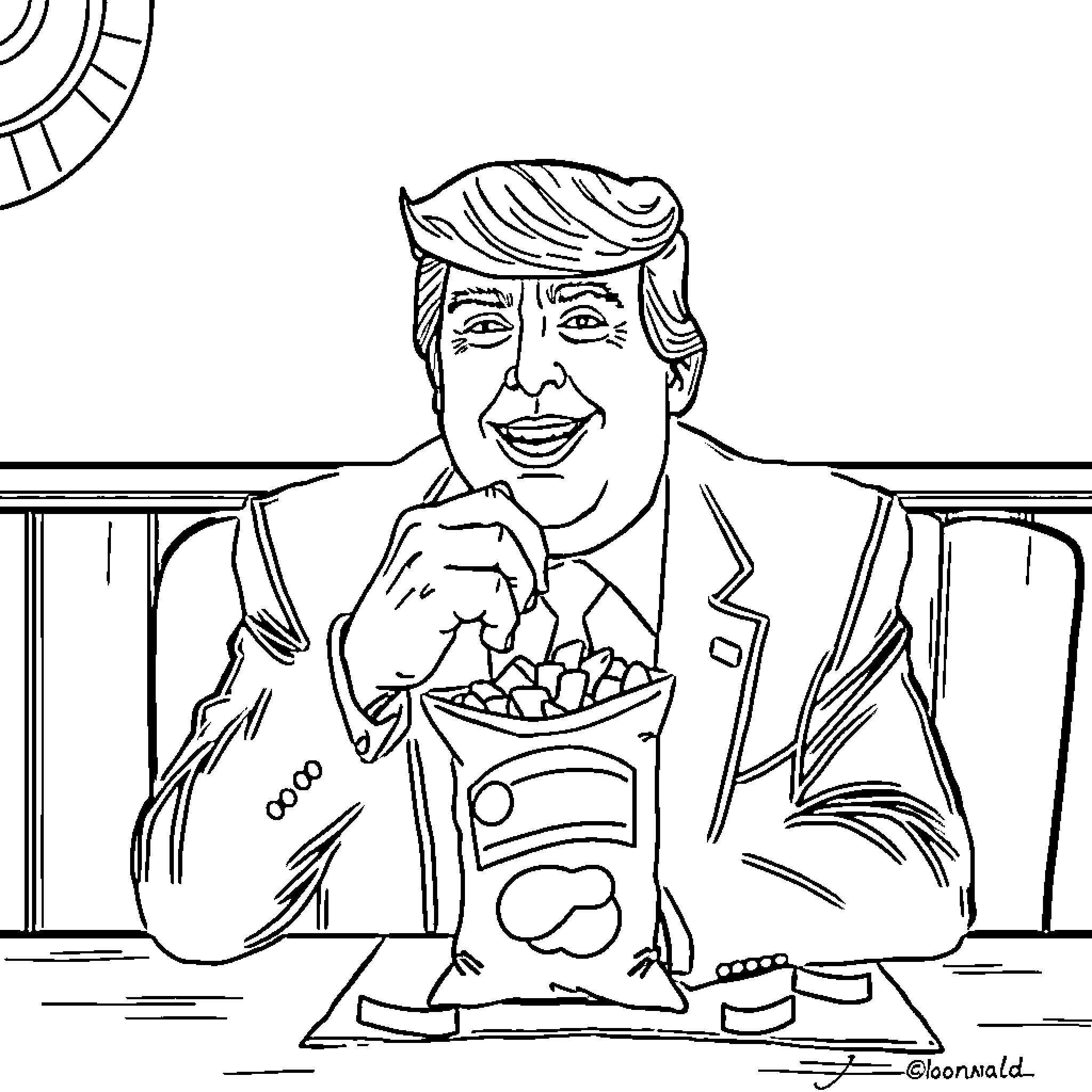 Donald Trump enjoying a snack in his office Coloring Page (free black-and-white line drawing printable PDF for all, from beginners to advanced learners, including children, teens, adults, and seniors)