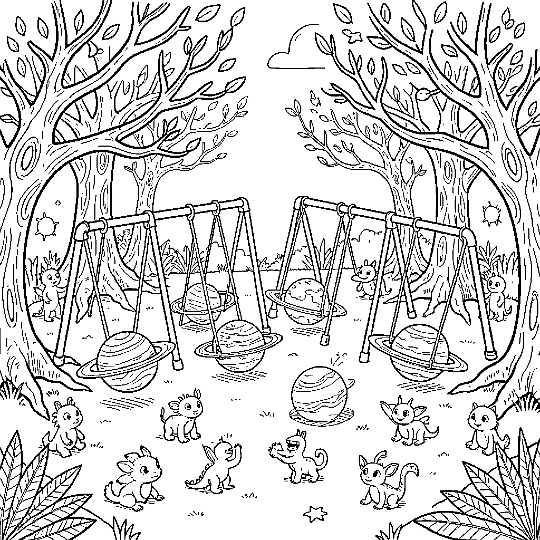 Alien playground in a whimsical forest Coloring Page (free black-and-white line drawing printable PDF for all, from beginners to advanced learners, including children, teens, adults, and seniors)