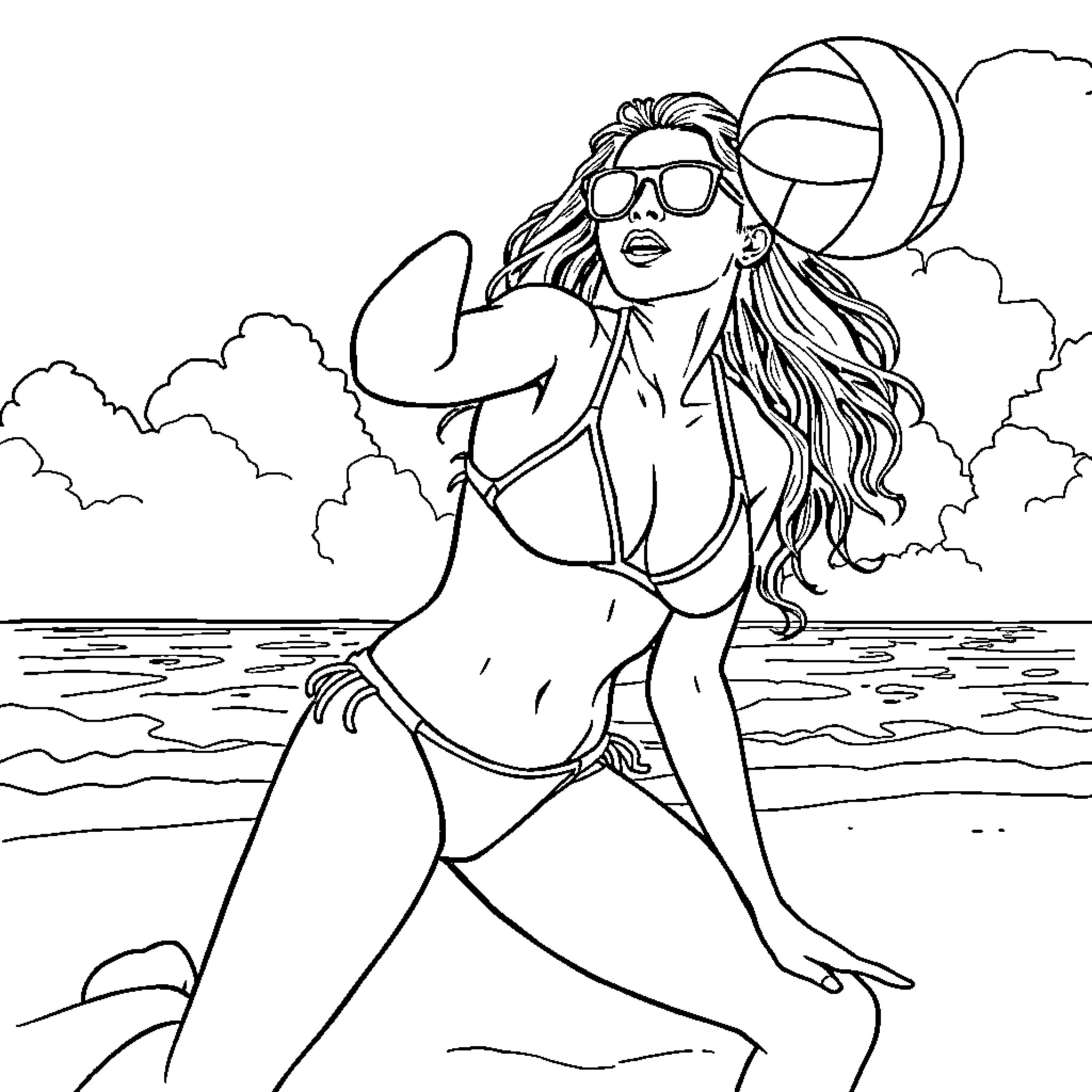 Gabriela Diaz Martinez enjoying the beach Coloring Page (free black-and-white line drawing printable PDF for all, from beginners to advanced learners, including children, teens, adults, and seniors)
