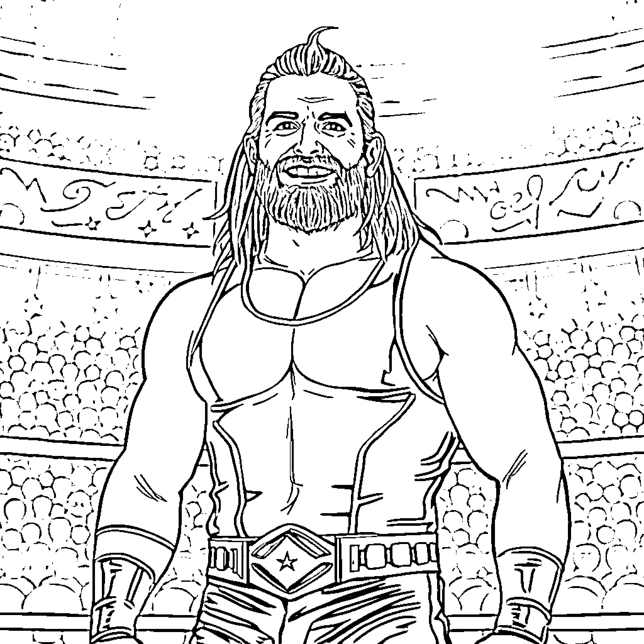 Seth Rollins Striking a Powerful Pose in the Wrestling Ring Coloring Page (free black-and-white line drawing printable PDF for all, from beginners to advanced learners, including children, teens, adults, and seniors)