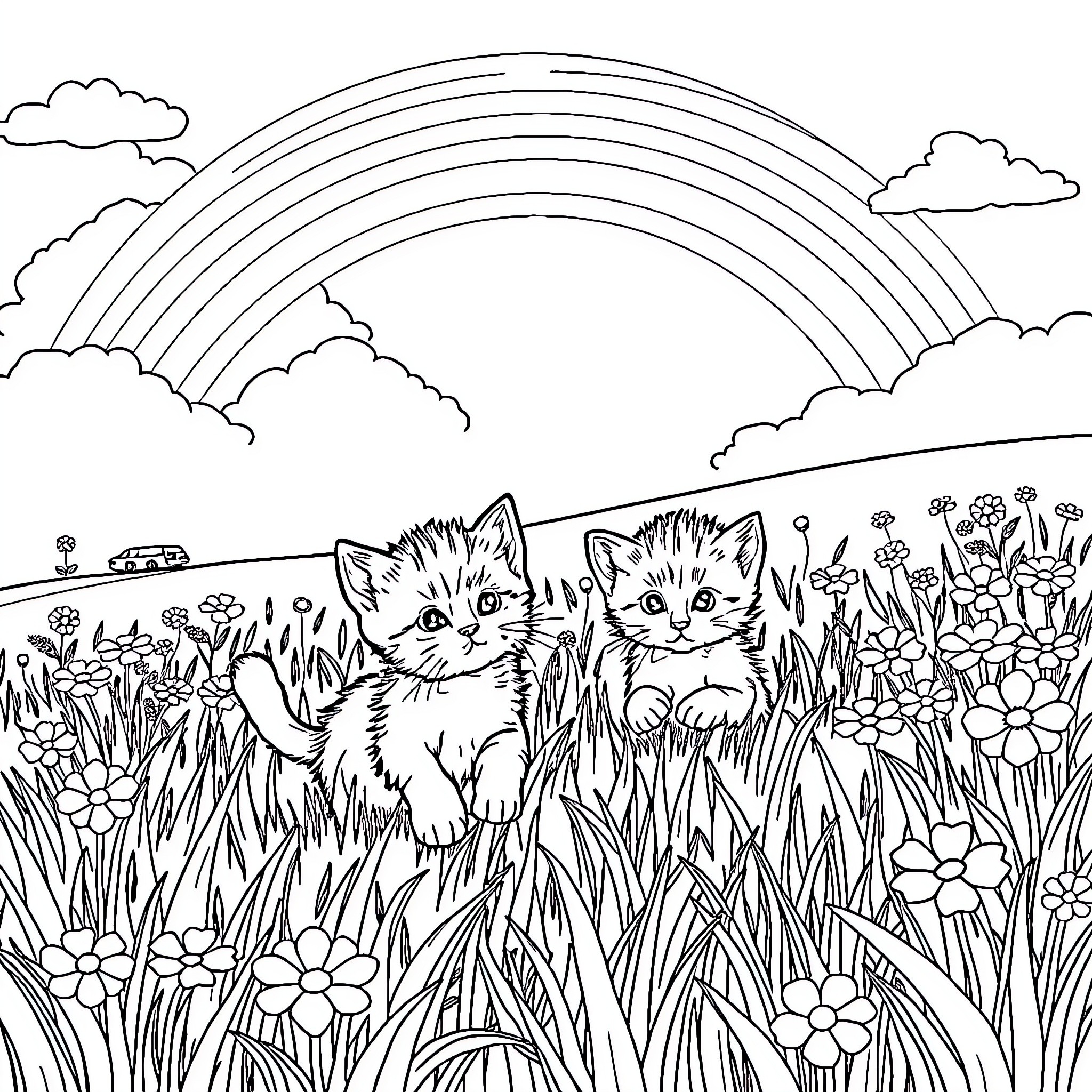 Kittens playing in a flowery meadow Coloring Page (free black-and-white line drawing printable PDF for all, from beginners to advanced learners, including children, teens, adults, and seniors)