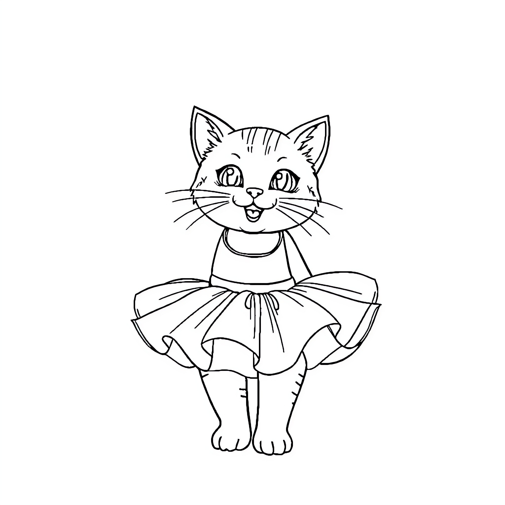 Cat dressed as a dancer Coloring Page (free black-and-white line drawing printable PDF for all, from beginners to advanced learners, including children, teens, adults, and seniors)