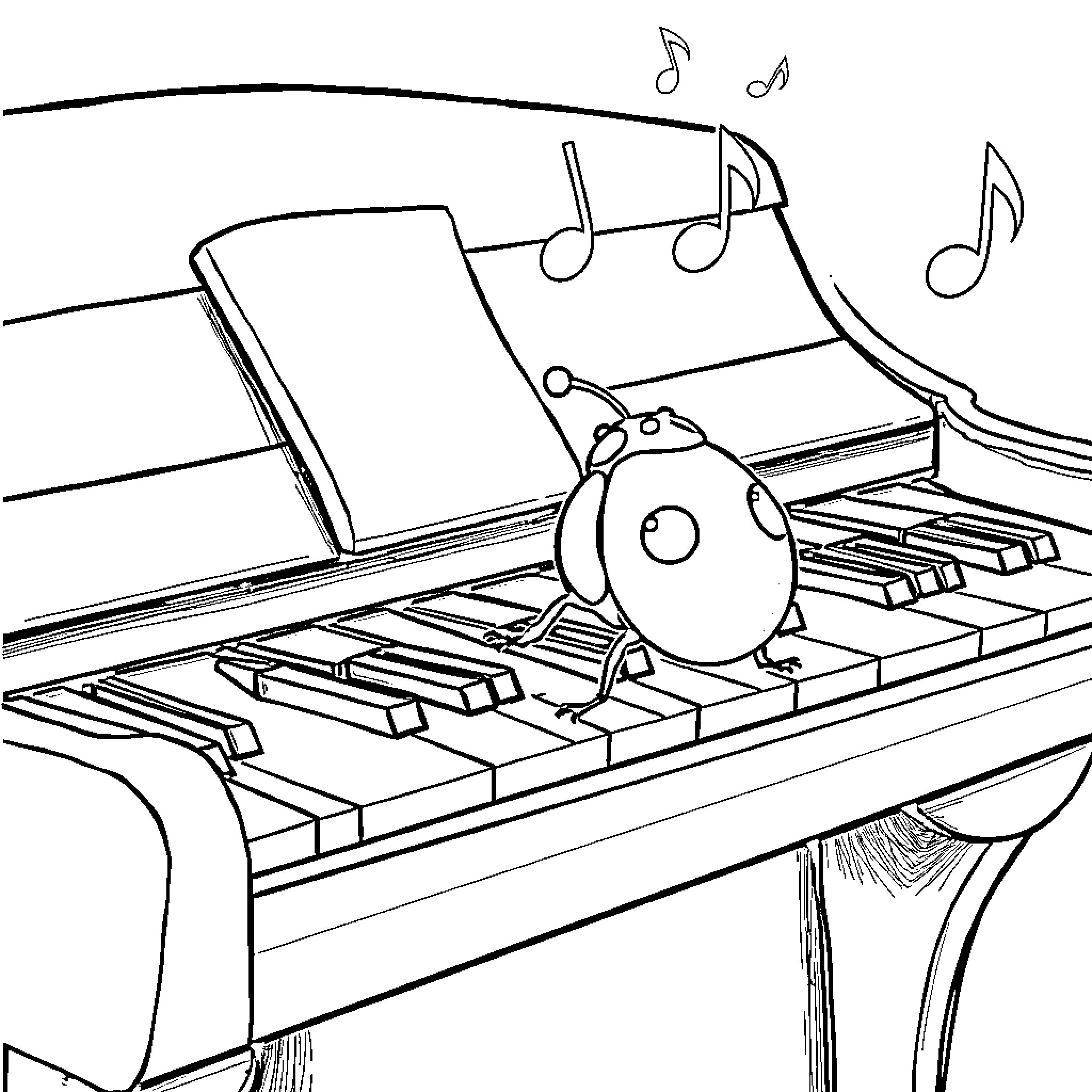 Ladybug playing musical notes on piano Coloring Page (free black-and-white line drawing printable PDF for all, from beginners to advanced learners, including children, teens, adults, and seniors)