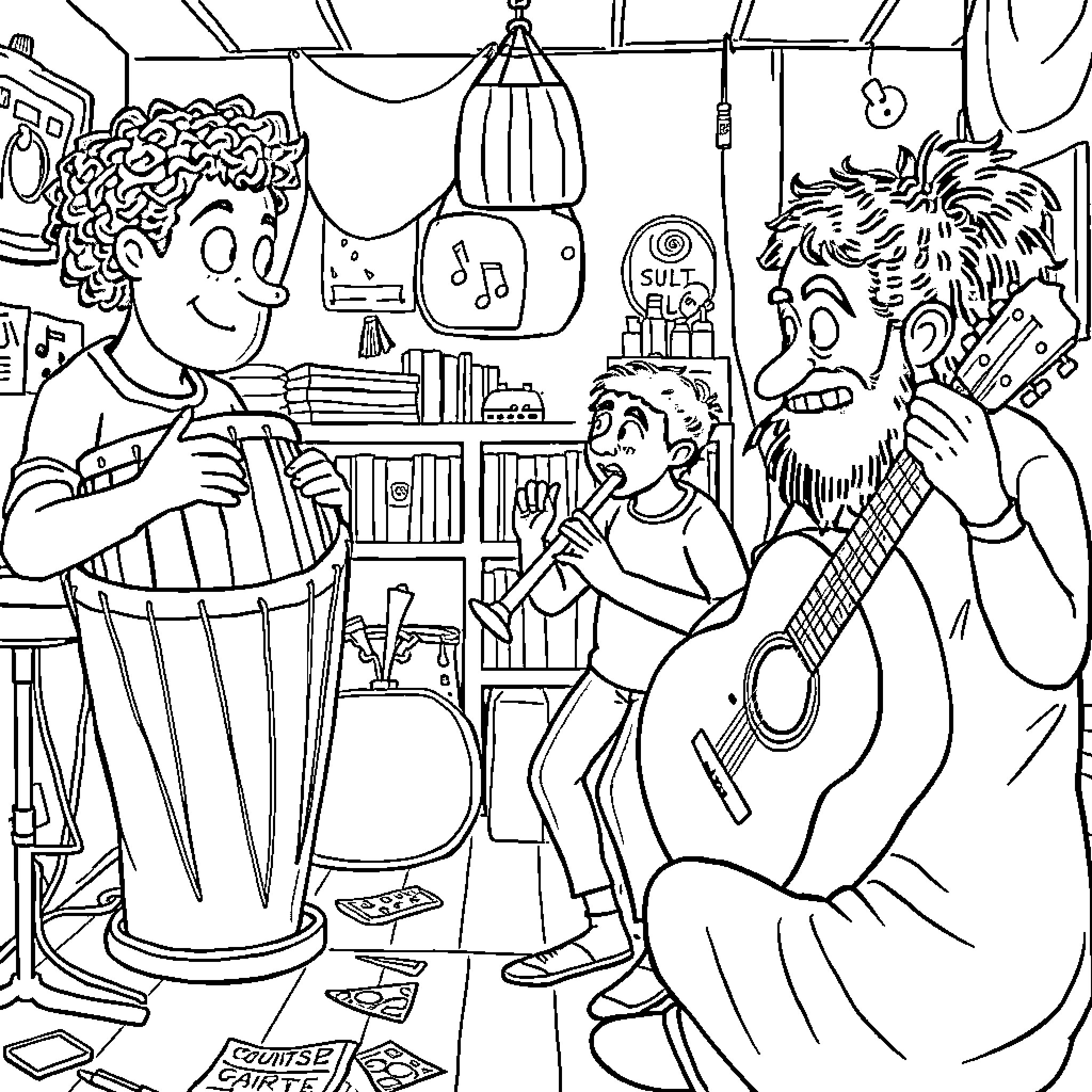 Instrumento: Jam Session in a Quirky Music Room Coloring Page (free black-and-white line drawing printable PDF for all, from beginners to advanced learners, including children, teens, adults, and seniors)