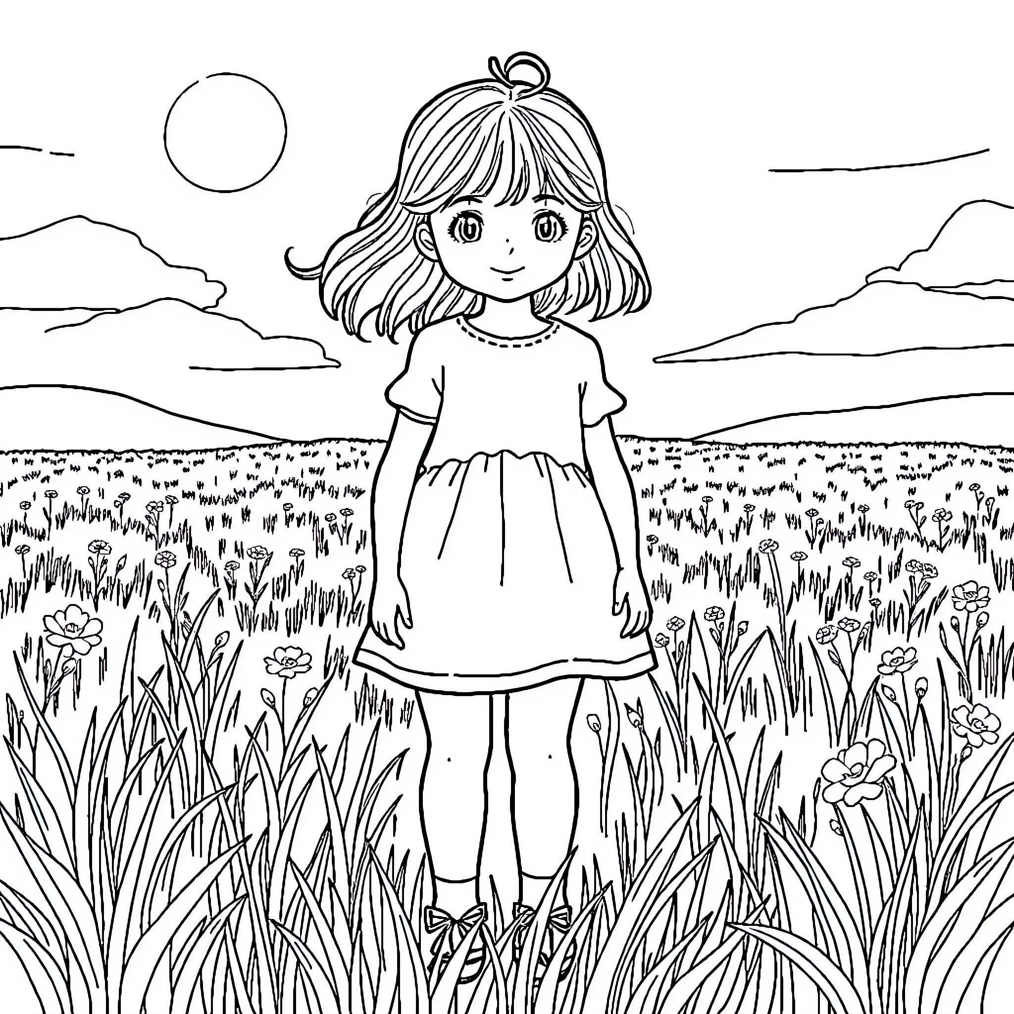 Girl explores the enchanted meadow Coloring Page (free black-and-white line drawing printable PDF for all, from beginners to advanced learners, including children, teens, adults, and seniors)