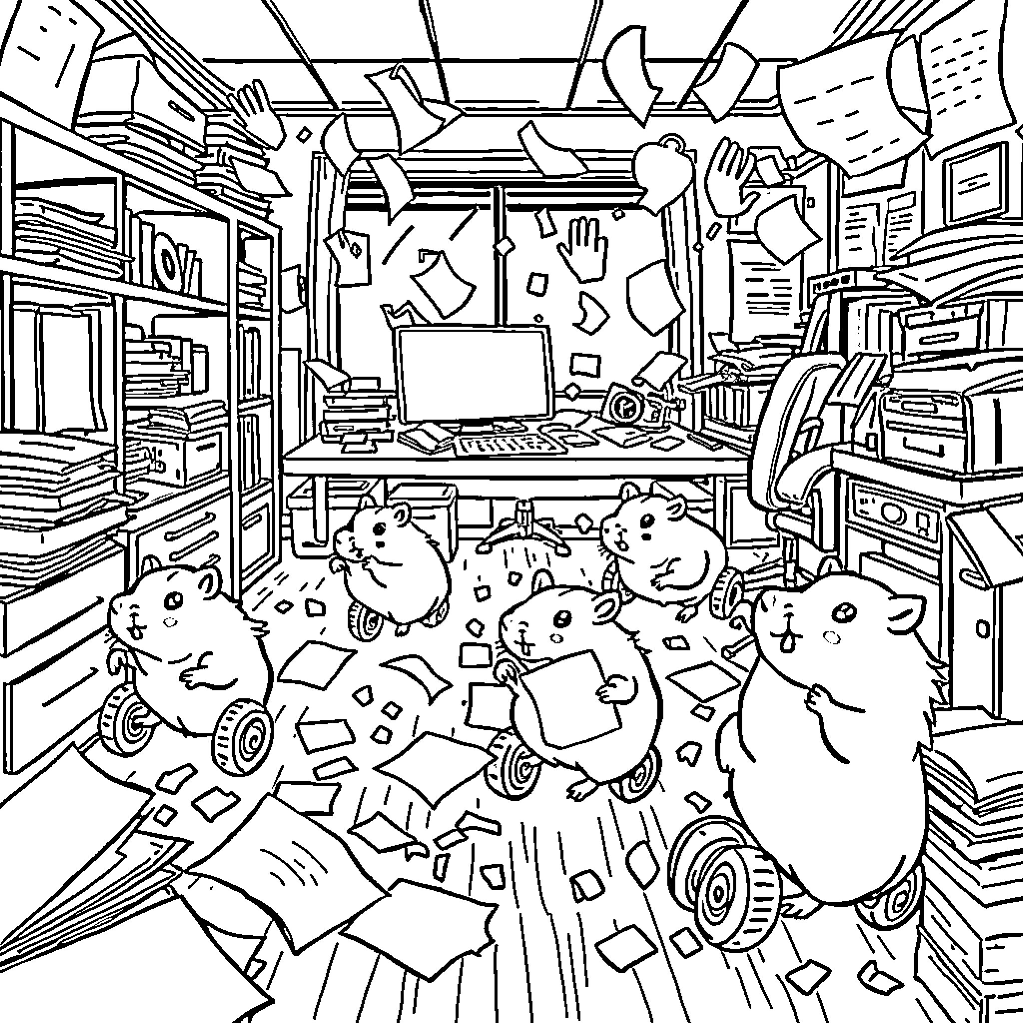 Hamsters in a chaotic cluttered office Coloring Page (free black-and-white line drawing printable PDF for all, from beginners to advanced learners, including children, teens, adults, and seniors)
