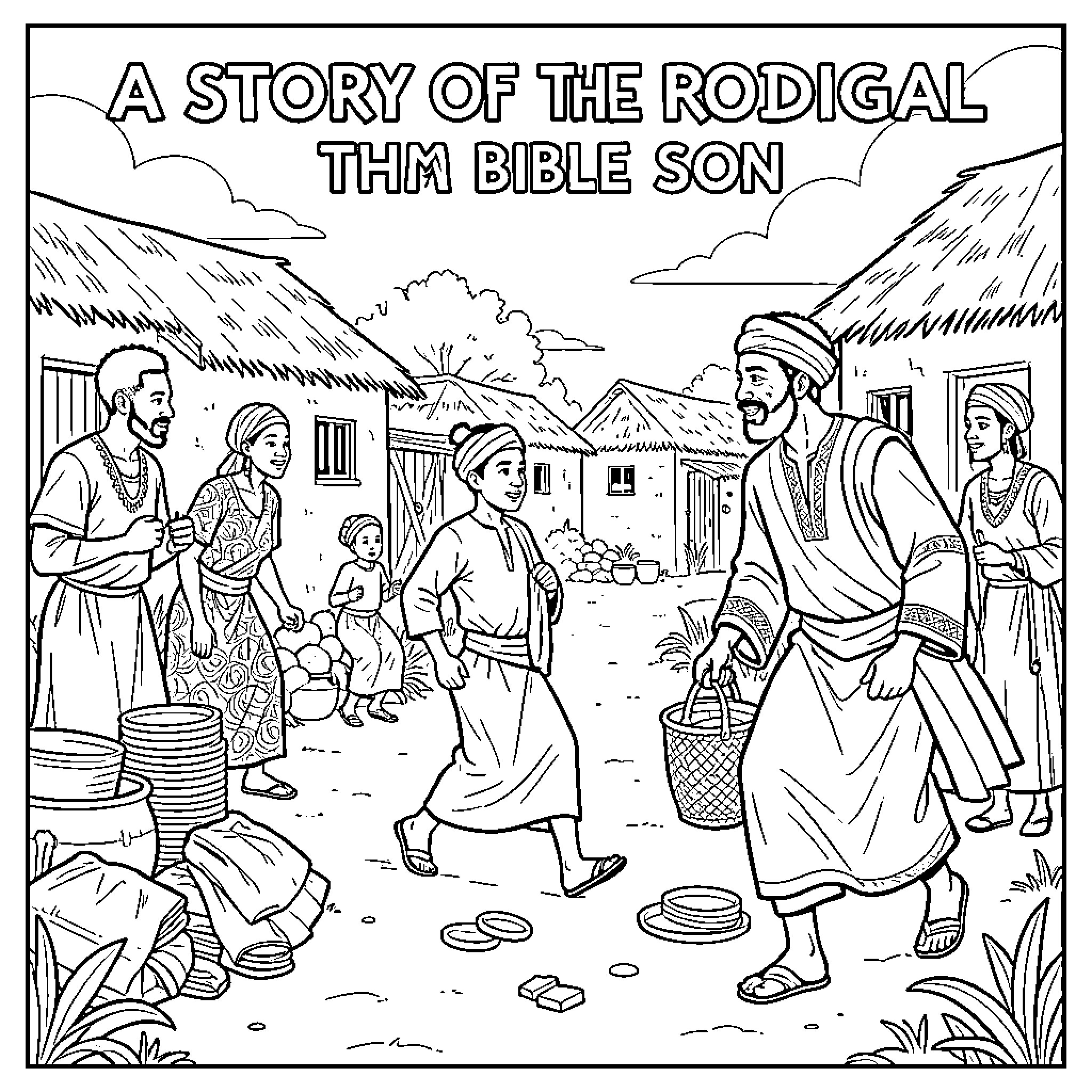 Prodigal Son returning home to meet his family Coloring Page (free black-and-white line drawing printable PDF for all, from beginners to advanced learners, including children, teens, adults, and seniors)