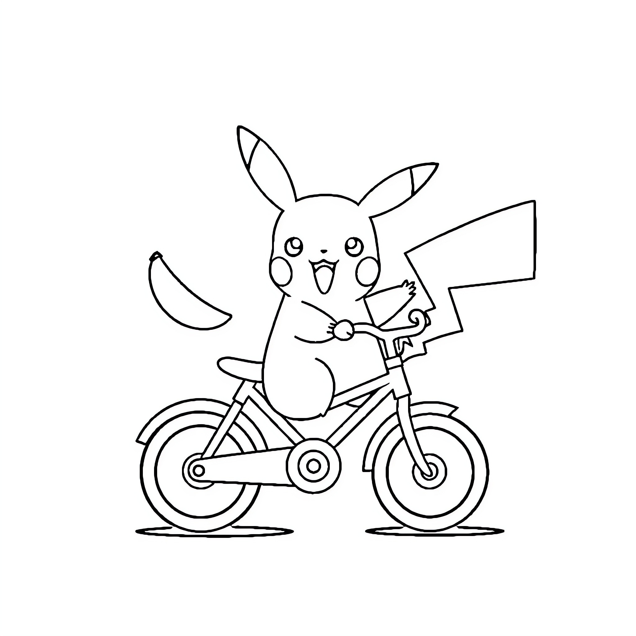 Pikachu riding a bicycle happily Coloring Page (free black-and-white line drawing printable PDF for all, from beginners to advanced learners, including children, teens, adults, and seniors)