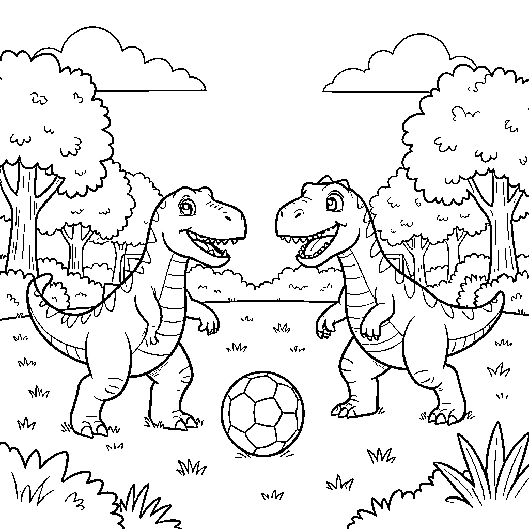 Dinosaurs playing soccer in the forest Coloring Page (free black-and-white line drawing printable PDF for all, from beginners to advanced learners, including children, teens, adults, and seniors)