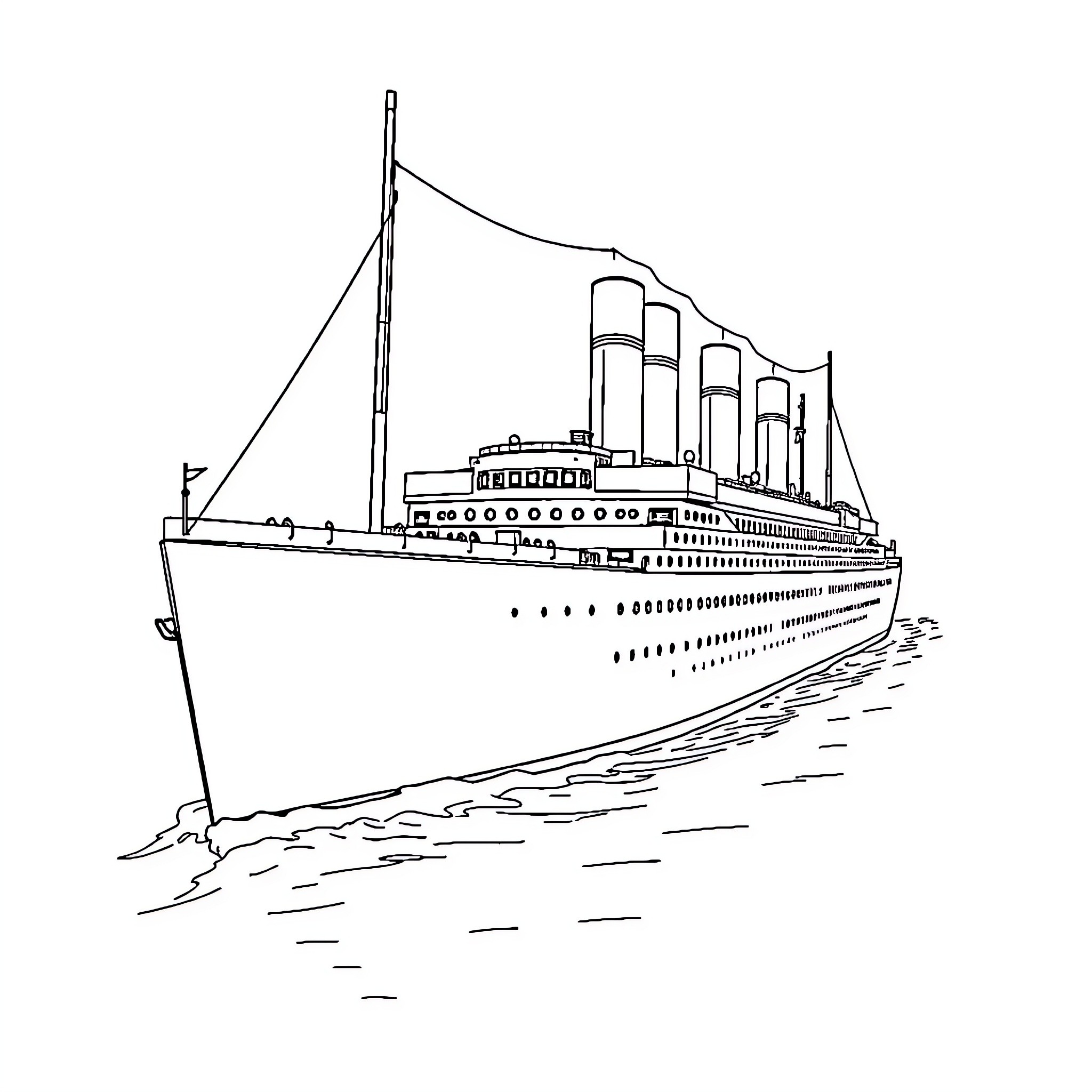 Titanic ship setting sail on the open waters Coloring Page (free black-and-white line drawing printable PDF for all, from beginners to advanced learners, including children, teens, adults, and seniors)