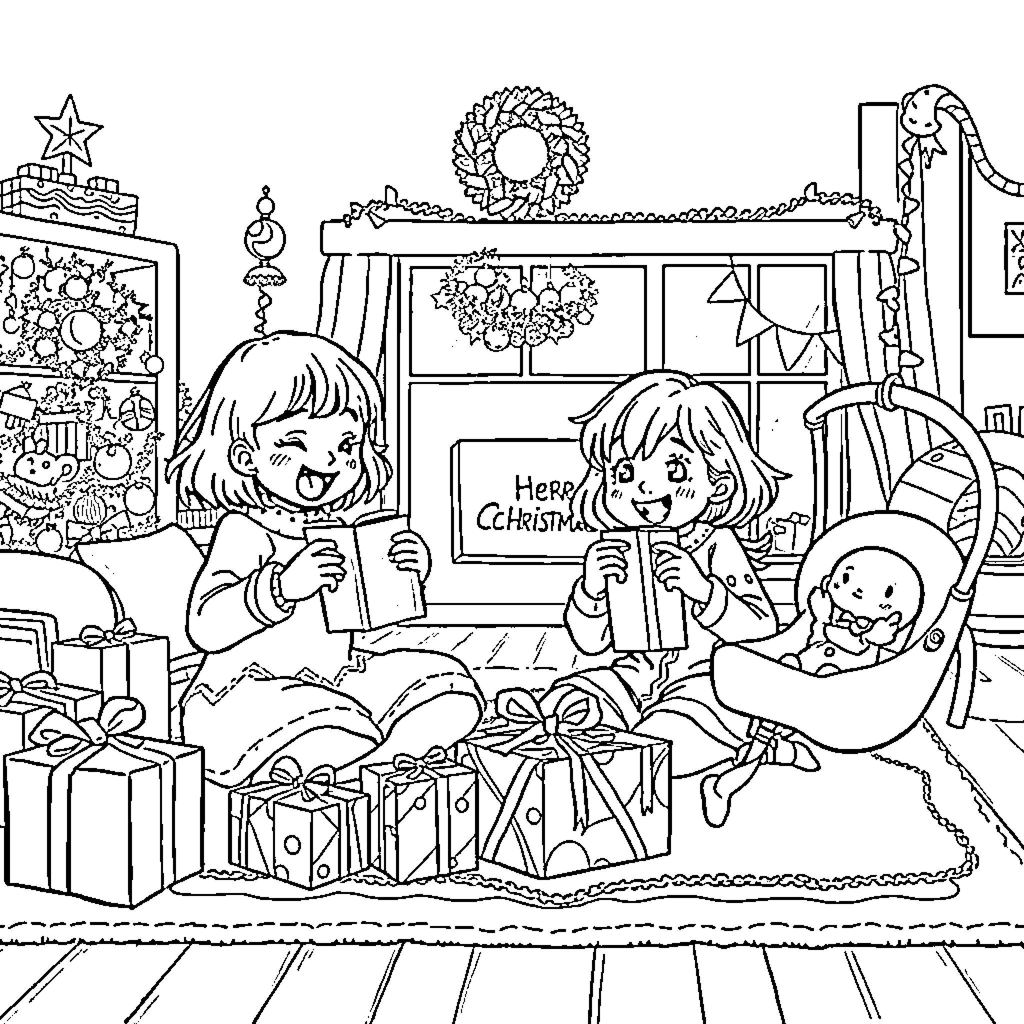 Girls Enjoying Christmas Decorations and Gifts Coloring Page (free black-and-white line drawing printable PDF for all, from beginners to advanced learners, including children, teens, adults, and seniors)