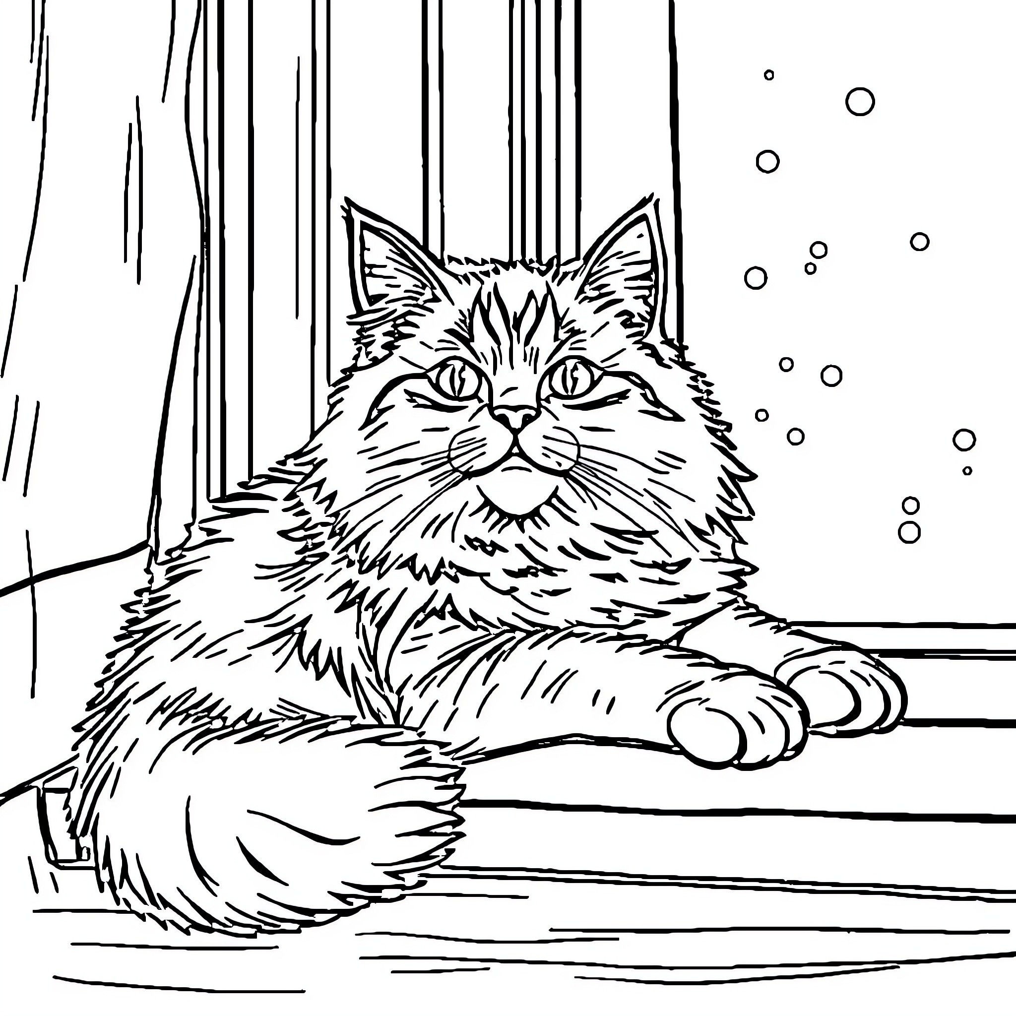 Cat relaxing in cozy home Coloring Page (free black-and-white line drawing printable PDF for all, from beginners to advanced learners, including children, teens, adults, and seniors)