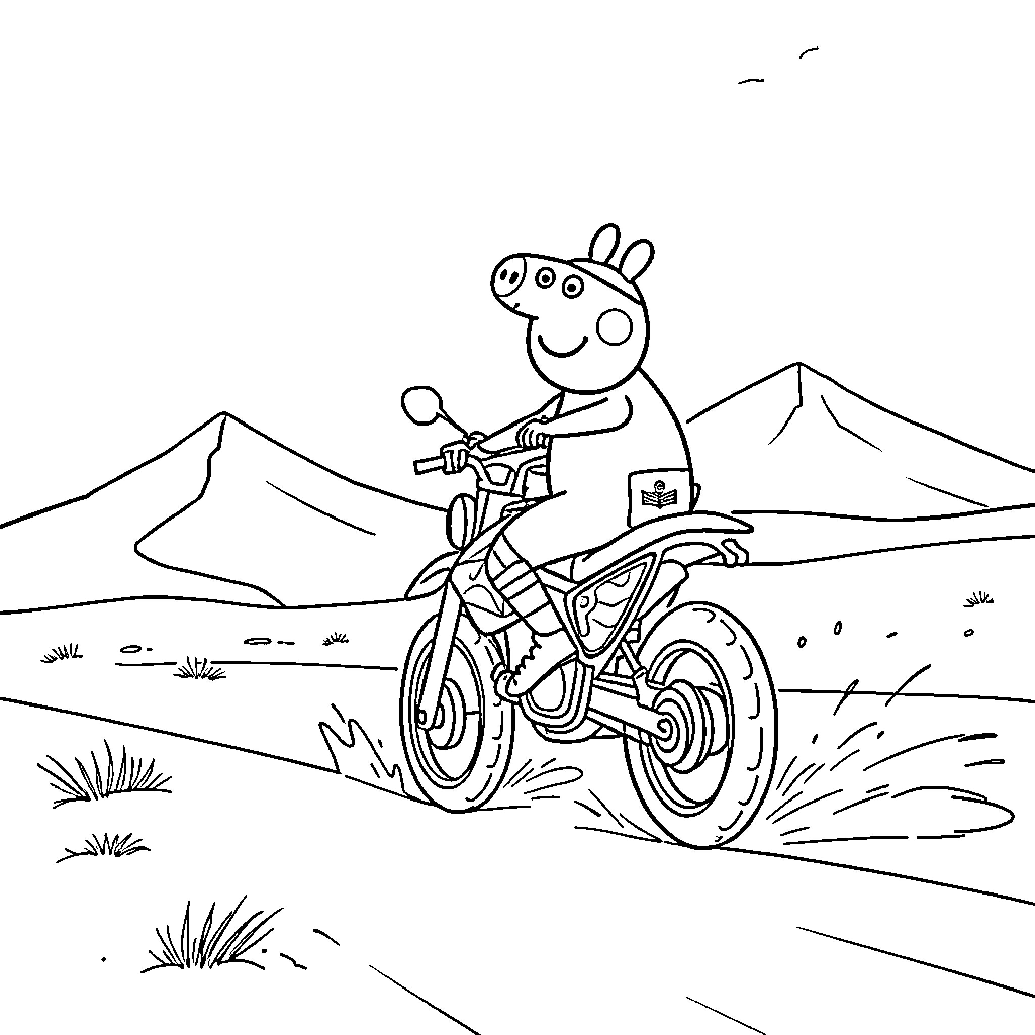 Peppa Pig riding a bicycle in the mountains Coloring Page (free black-and-white line drawing printable PDF for all, from beginners to advanced learners, including children, teens, adults, and seniors)