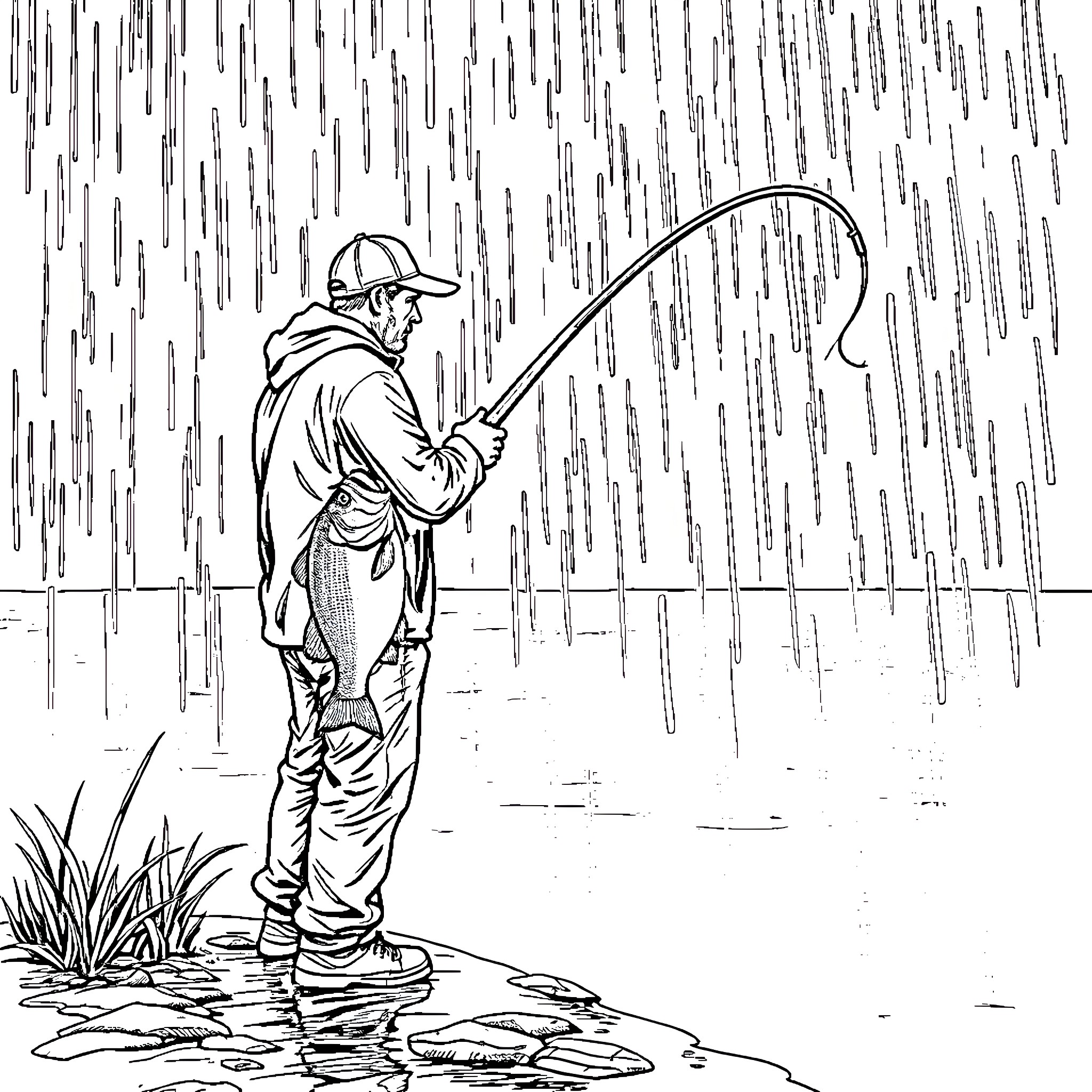 Fisherman casting his line in the rain Coloring Page (free black-and-white line drawing printable PDF for all, from beginners to advanced learners, including children, teens, adults, and seniors)