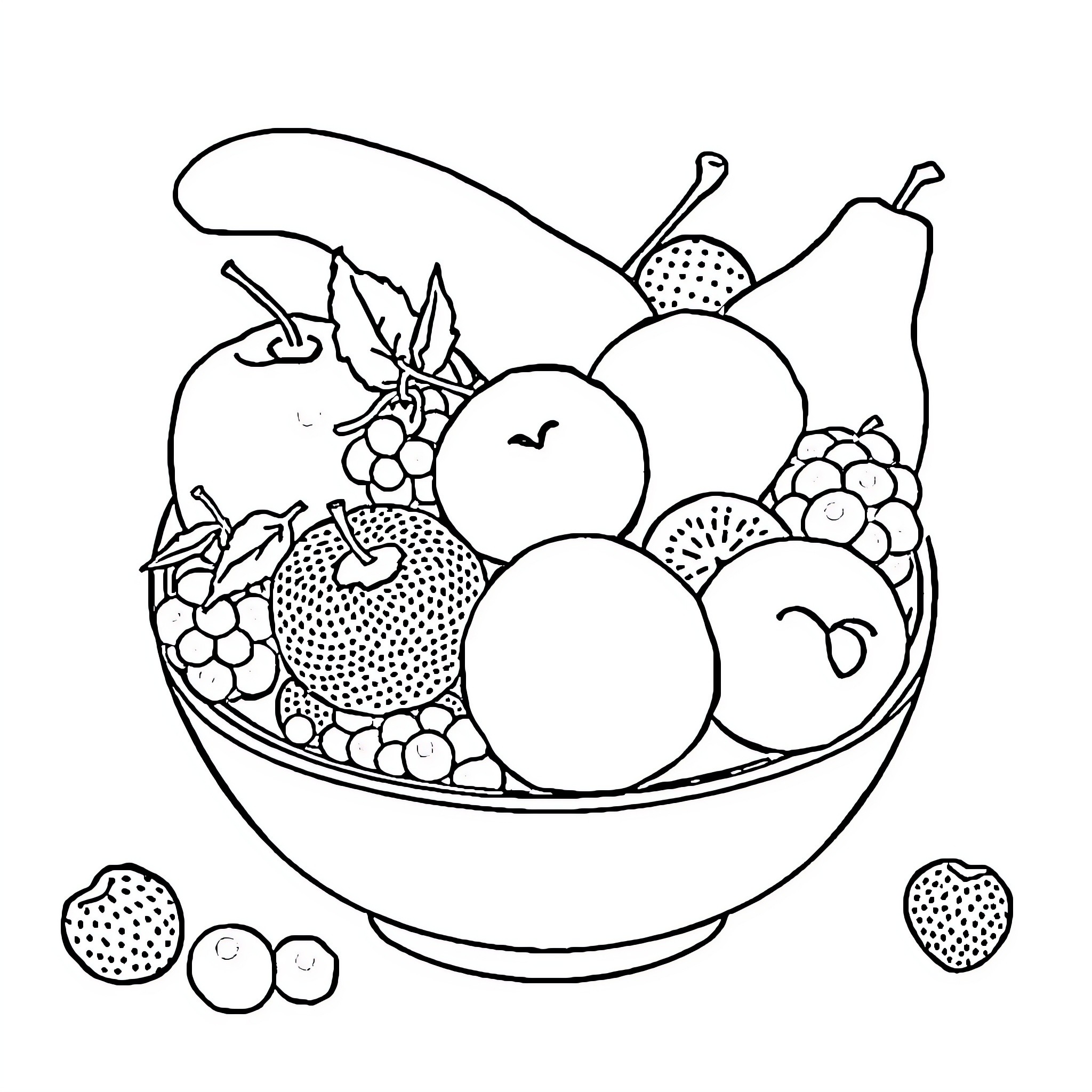 Fruit Arranged in a Bowl Coloring Page (free black-and-white line drawing printable PDF for all, from beginners to advanced learners, including children, teens, adults, and seniors)