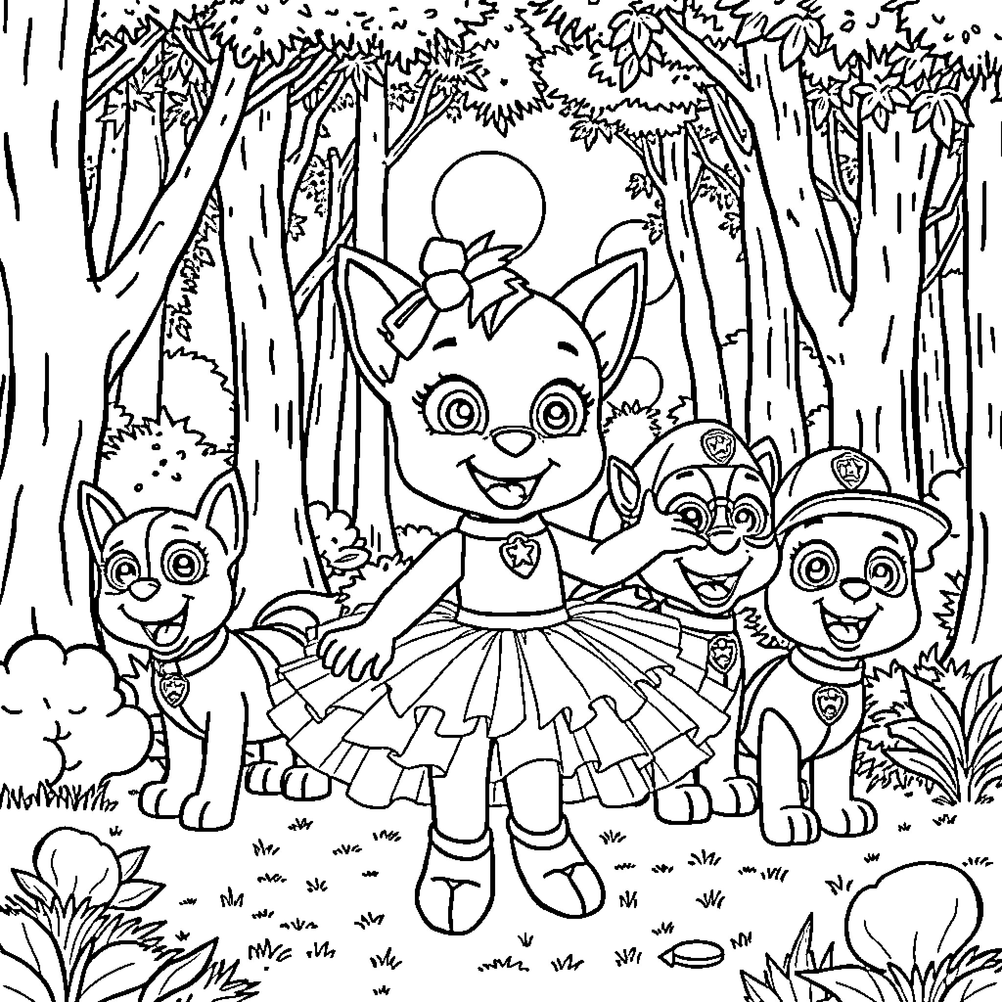 Bluey and Friends Explore the Enchanted Forest Coloring Page (free black-and-white line drawing printable PDF for all, from beginners to advanced learners, including children, teens, adults, and seniors)
