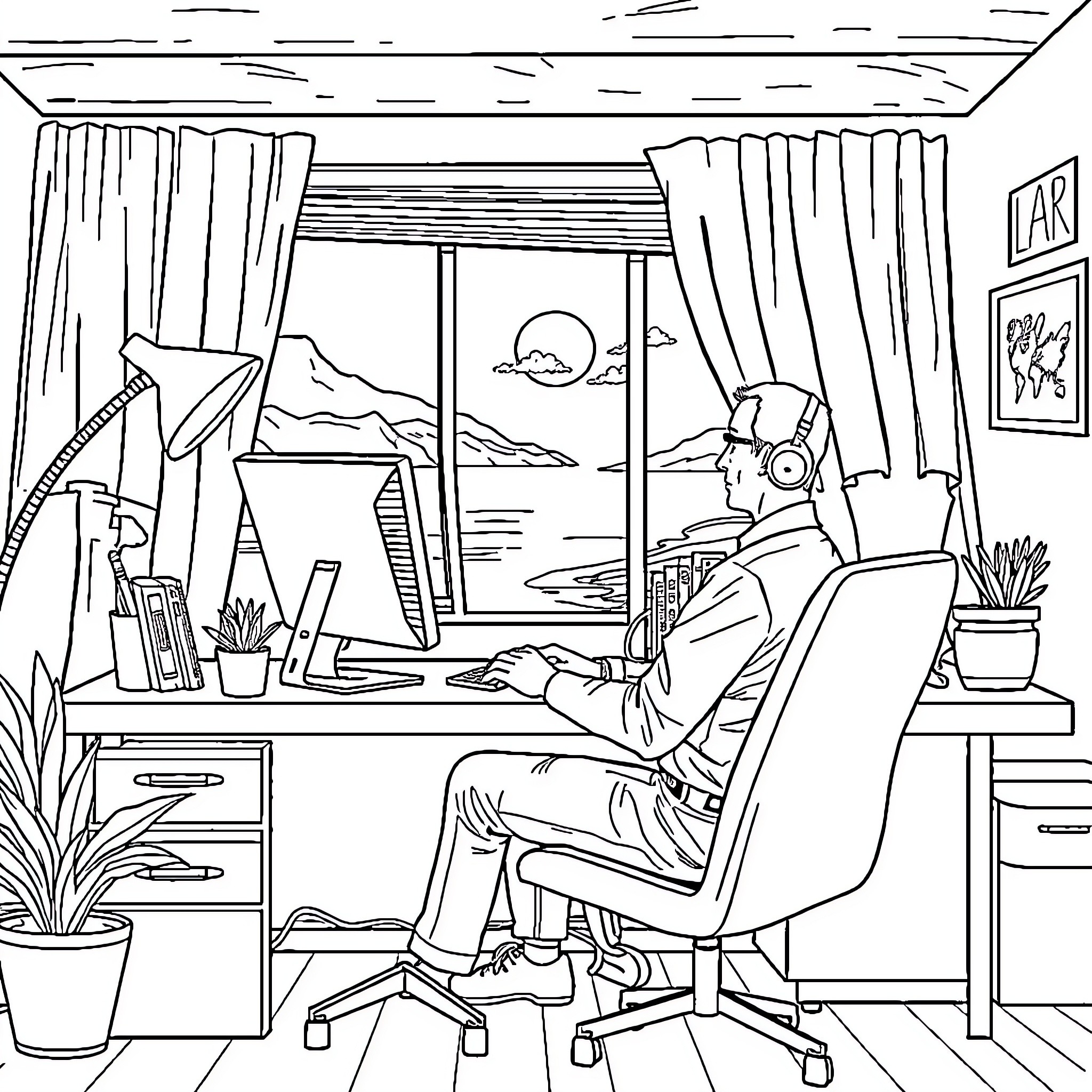 Guy working intently at desk in home office Coloring Page (free black-and-white line drawing printable PDF for all, from beginners to advanced learners, including children, teens, adults, and seniors)