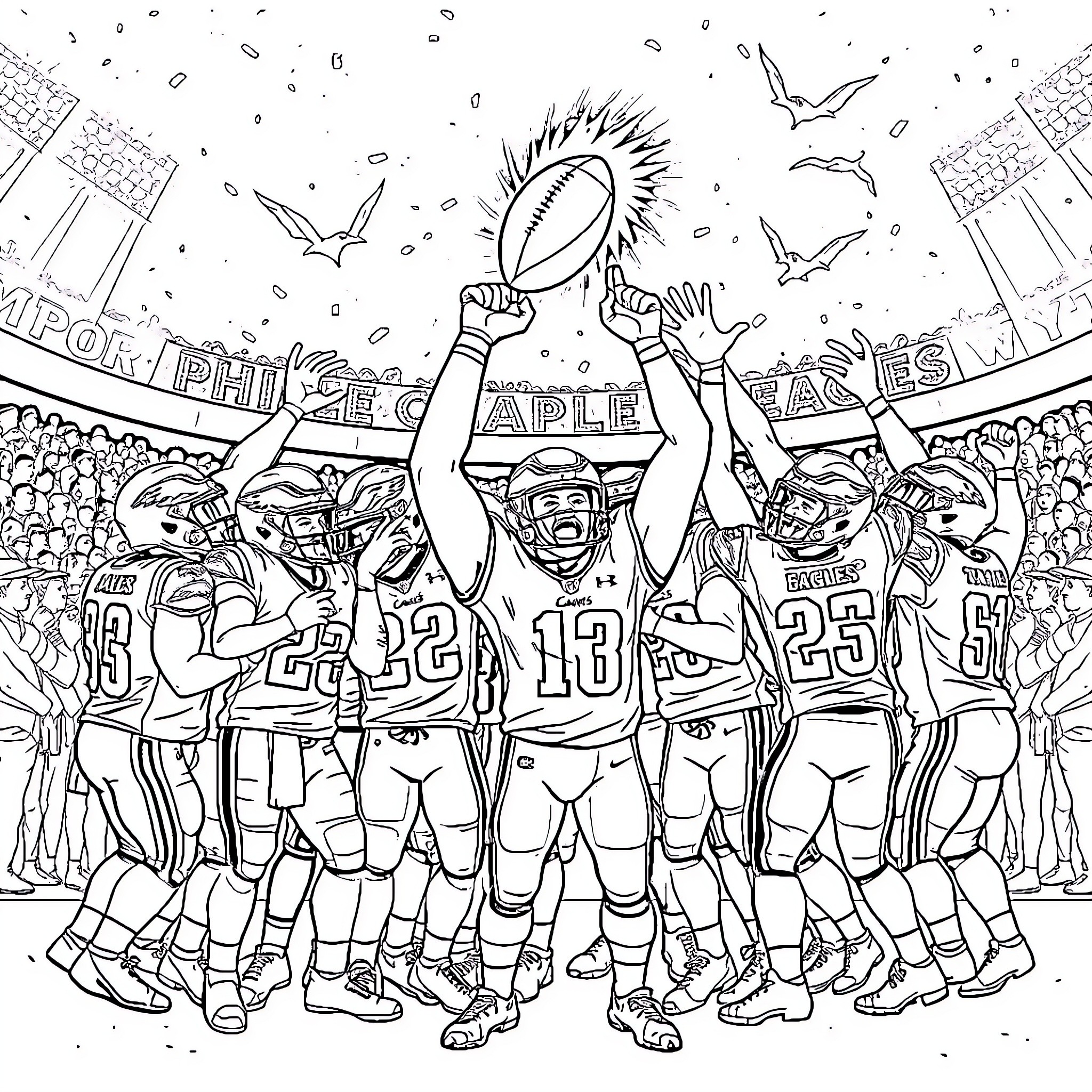 Eagle football players celebrate championship trophy Coloring Page (free black-and-white line drawing printable PDF for all, from beginners to advanced learners, including children, teens, adults, and seniors)