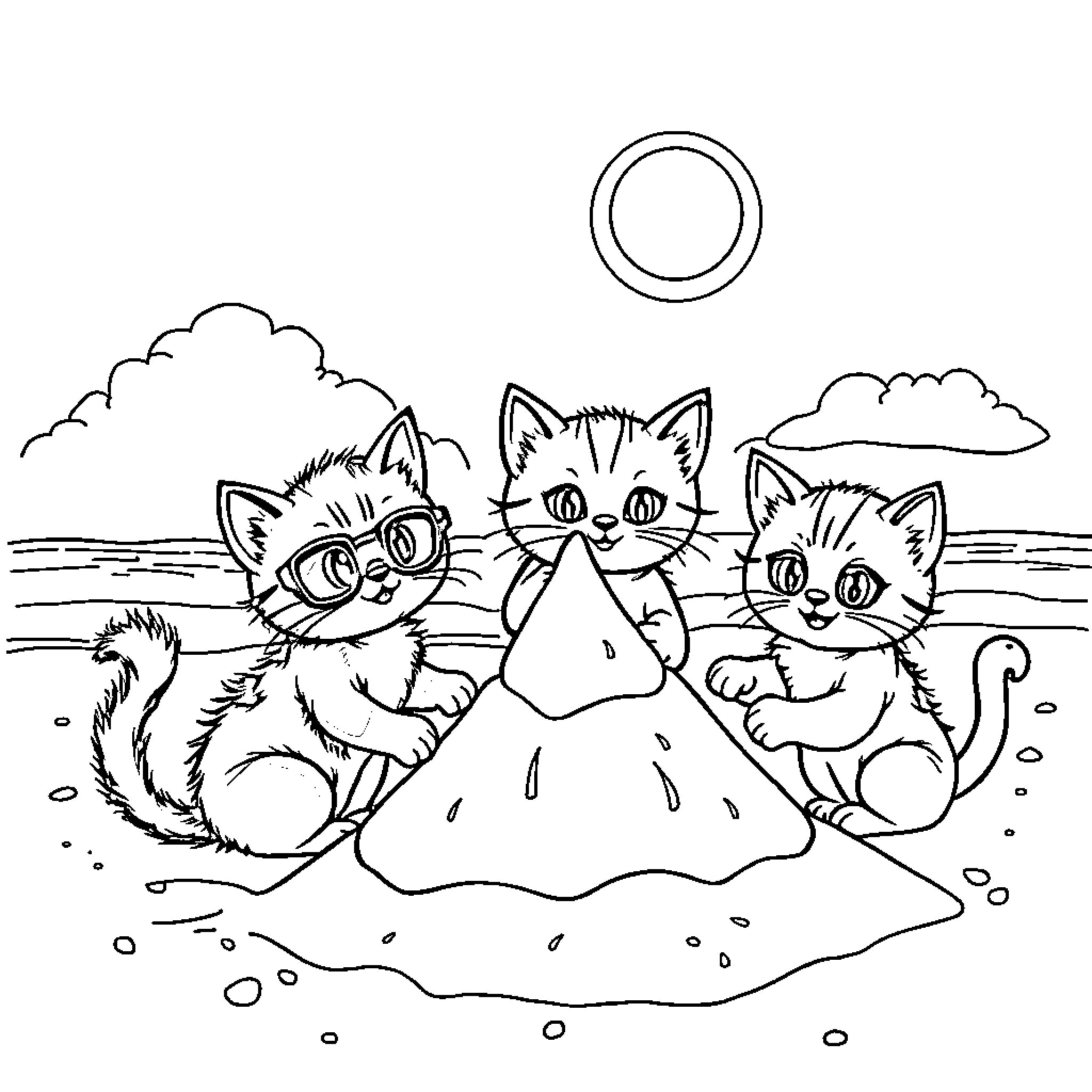 Kitty kittens playing in the sand Coloring Page (free black-and-white line drawing printable PDF for all, from beginners to advanced learners, including children, teens, adults, and seniors)