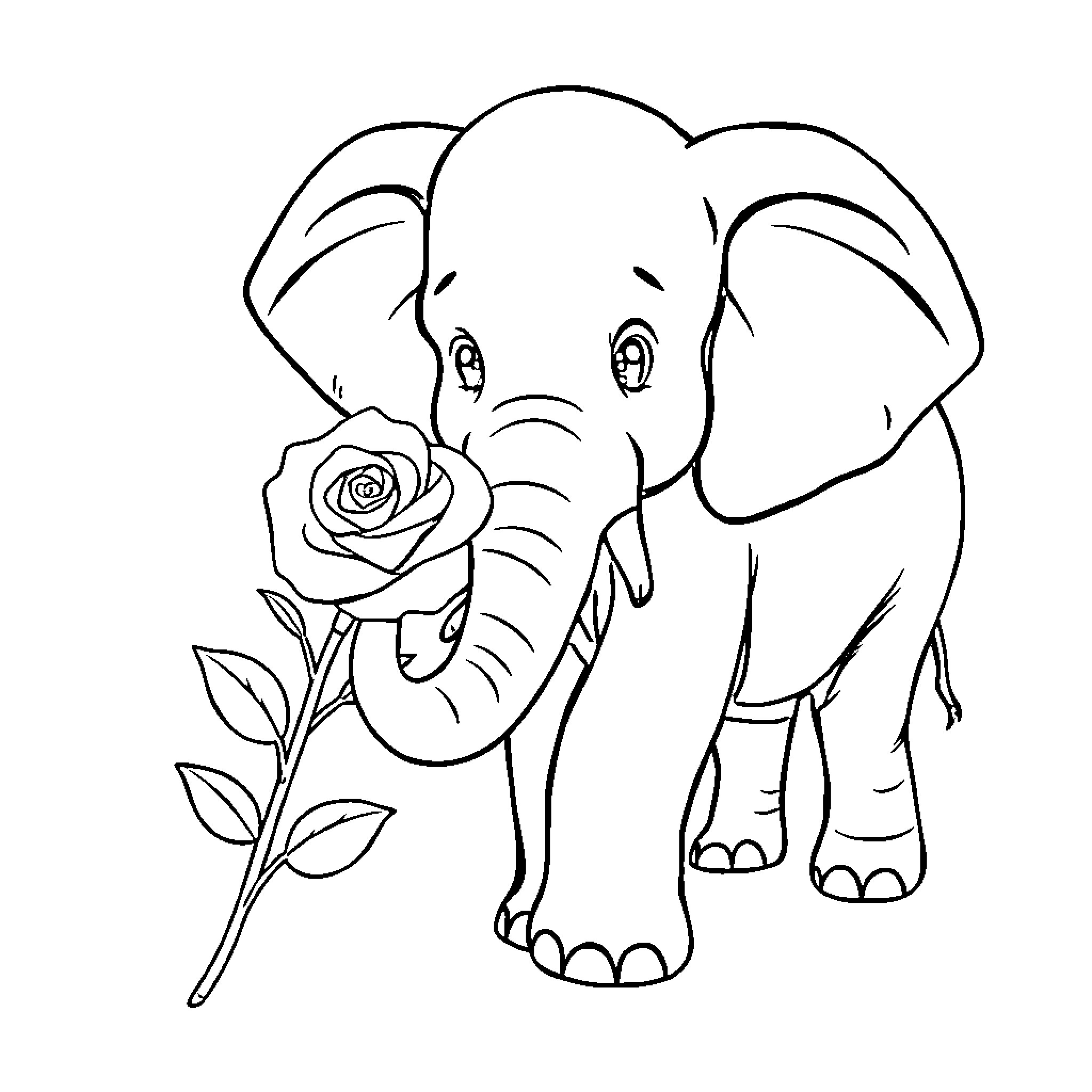 Elephant holding a rose flower Coloring Page (free black-and-white line drawing printable PDF for all, from beginners to advanced learners, including children, teens, adults, and seniors)