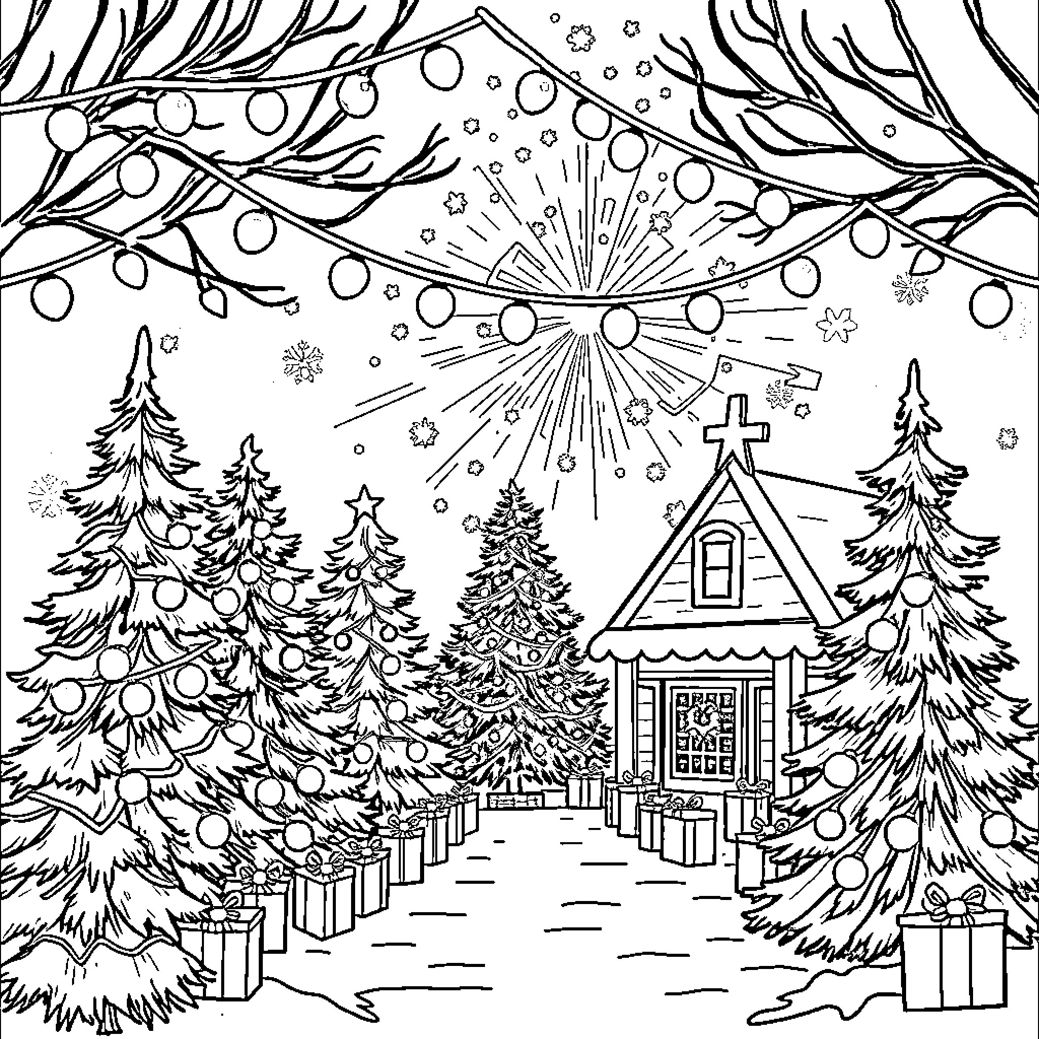 Christmas Wintry Scene with Cozy Cottage and Sparkling Sky Coloring Page (free black-and-white line drawing printable PDF for all, from beginners to advanced learners, including children, teens, adults, and seniors)