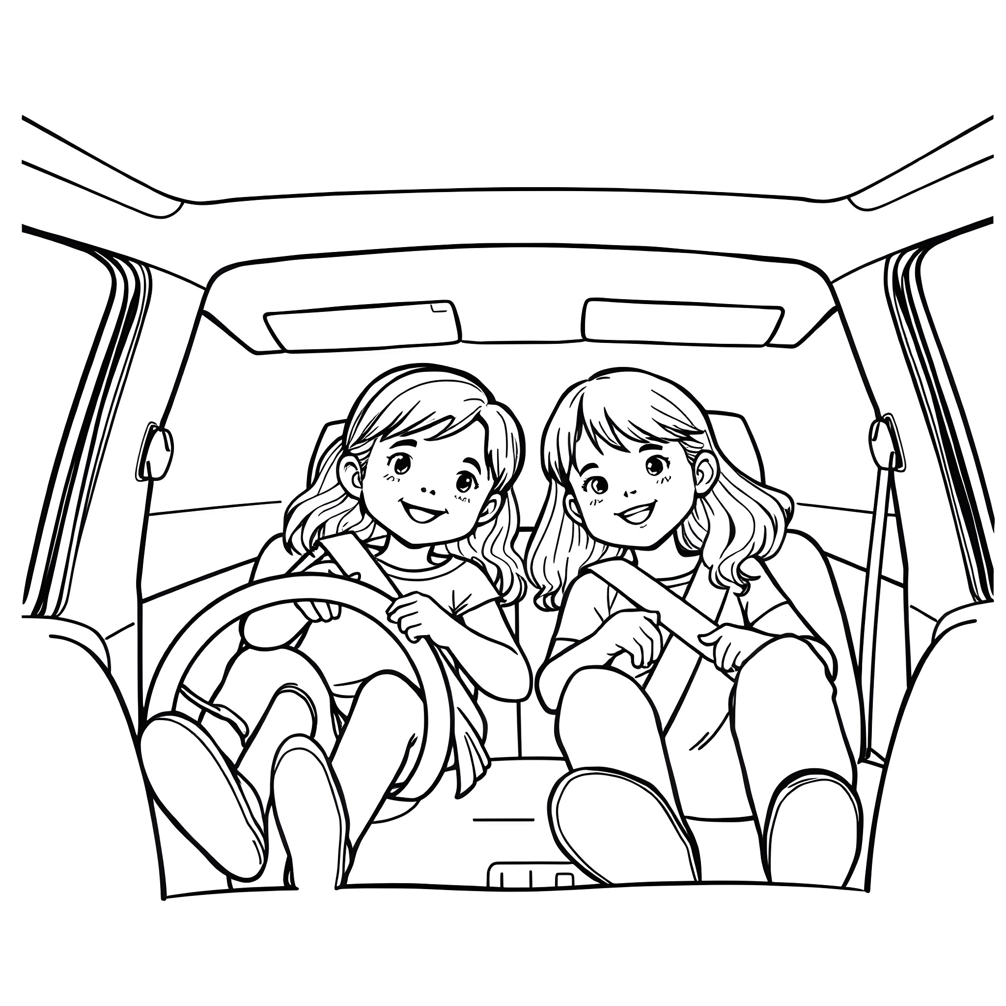 Girls enjoying a car ride together Coloring Page (free black-and-white line drawing printable PDF for all, from beginners to advanced learners, including children, teens, adults, and seniors)