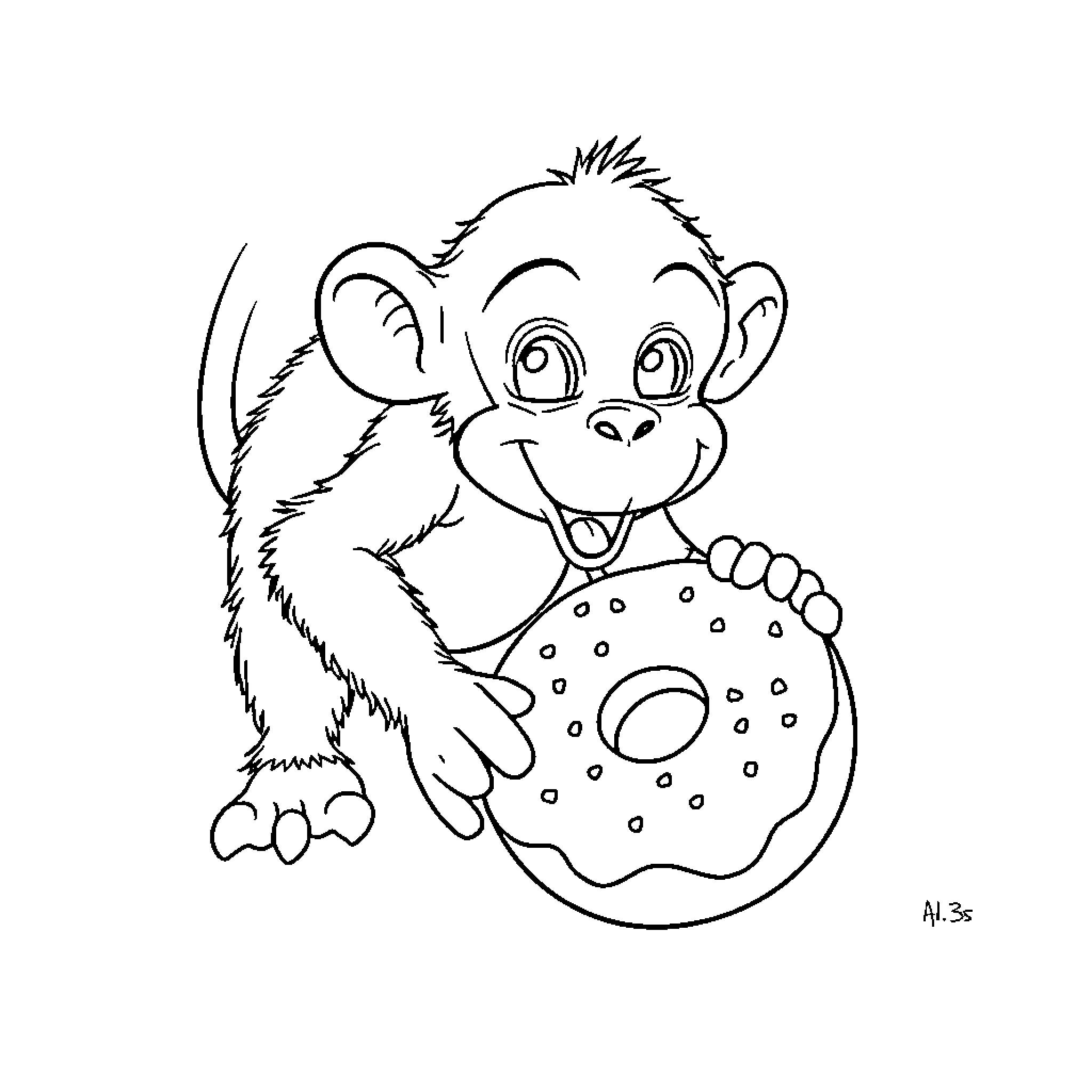 Monkey happily playing with spotted donut Coloring Page (free black-and-white line drawing printable PDF for all, from beginners to advanced learners, including children, teens, adults, and seniors)