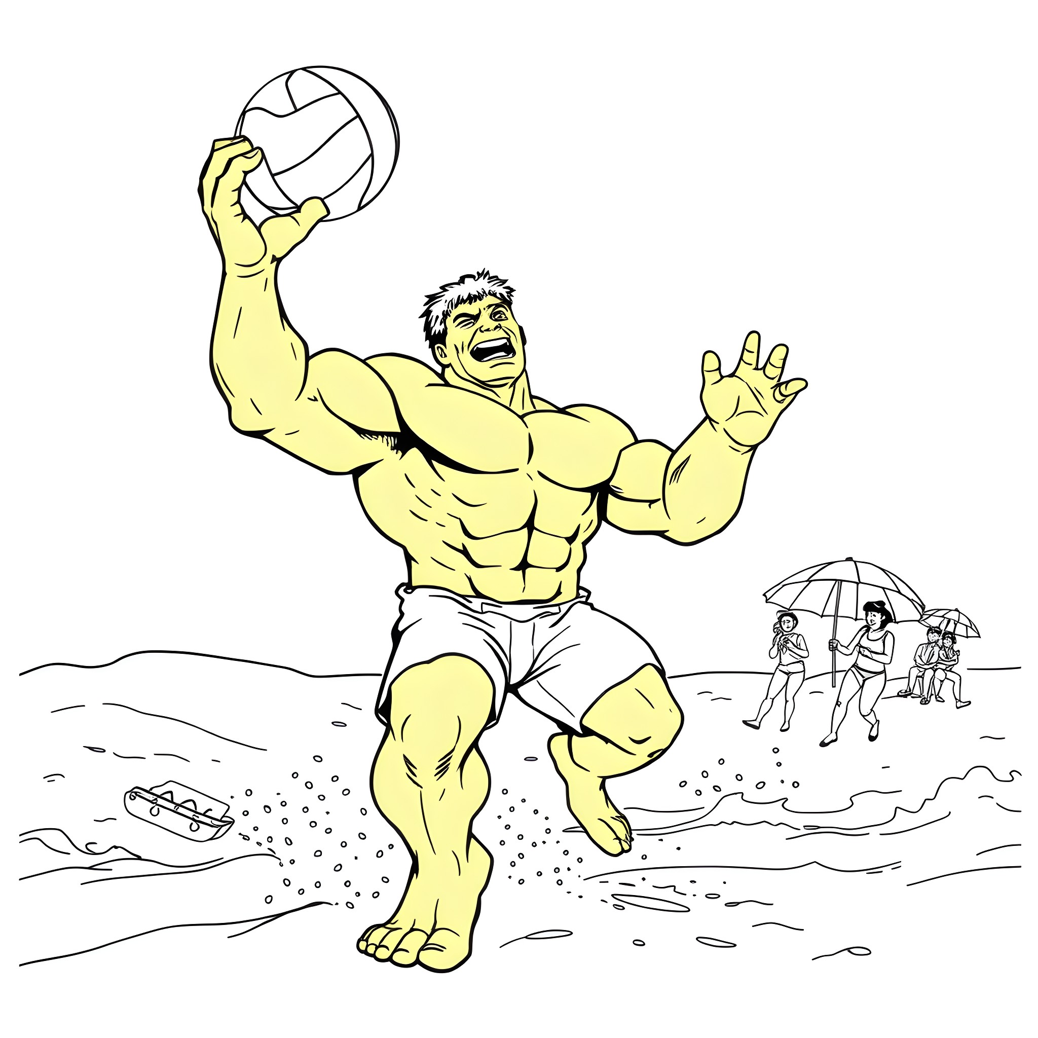 Hulk Playing Volleyball on the Beach Coloring Page (free black-and-white line drawing printable PDF for all, from beginners to advanced learners, including children, teens, adults, and seniors)