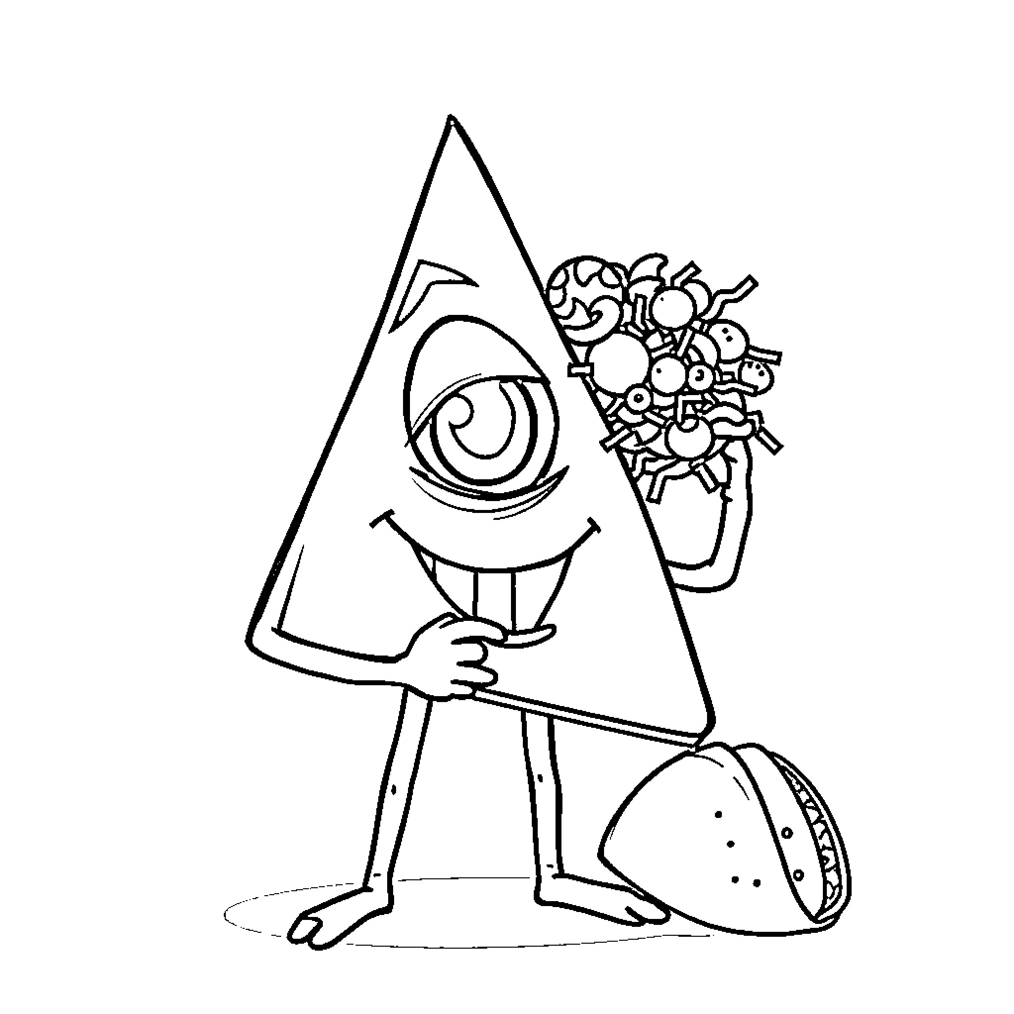 Bill Cipher holding a bouquet of flowers Coloring Page (free black-and-white line drawing printable PDF for all, from beginners to advanced learners, including children, teens, adults, and seniors)