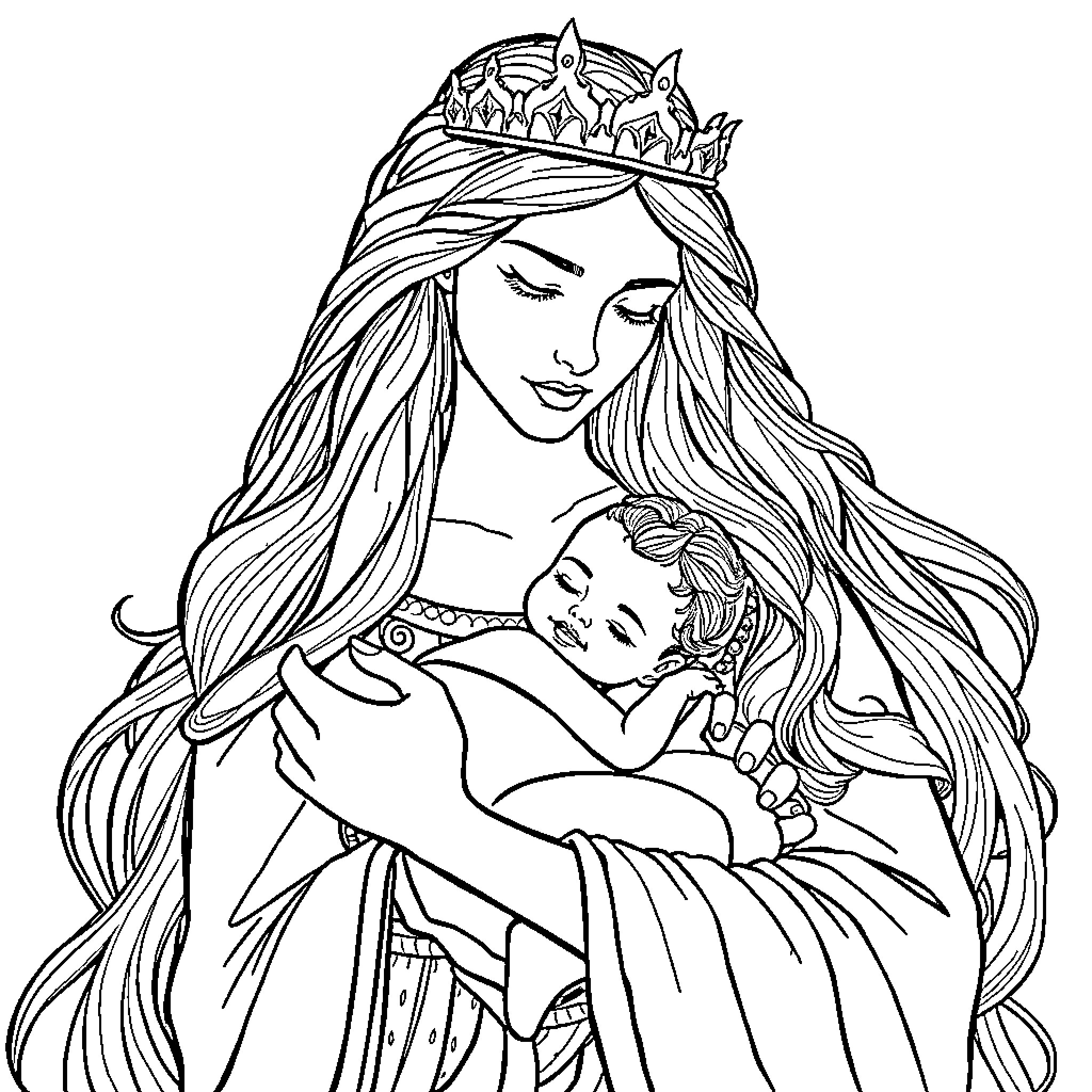 Queen's Loving Embrace with Child Coloring Page (free black-and-white line drawing printable PDF for all, from beginners to advanced learners, including children, teens, adults, and seniors)