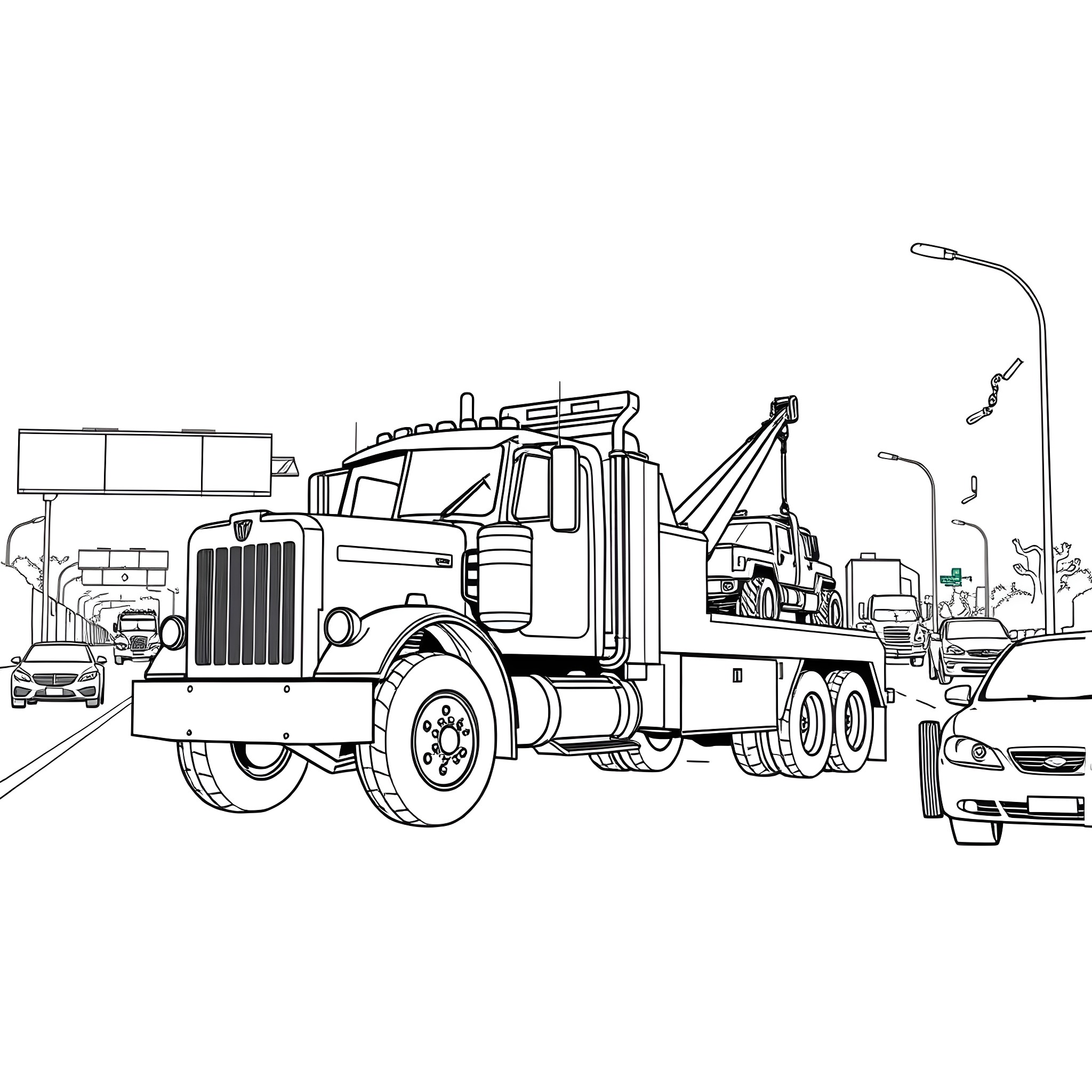 Tow Truck Assisting a Disabled Vehicle on the Road Coloring Page (free black-and-white line drawing printable PDF for all, from beginners to advanced learners, including children, teens, adults, and seniors)